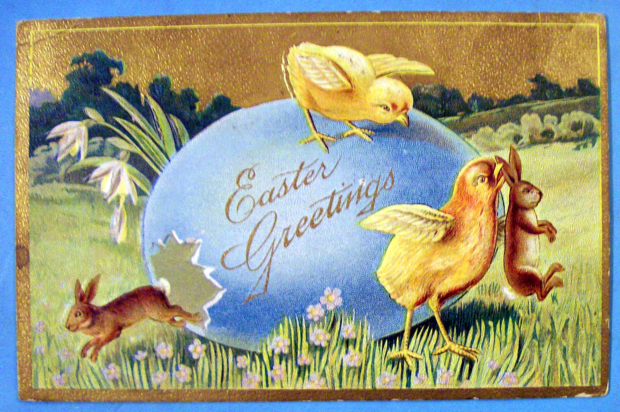 Easter Greetings Postcard w/Chicks & Rabbits