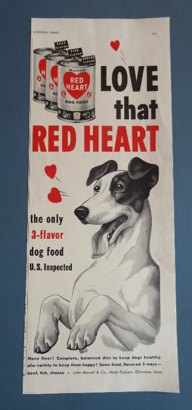1952 Red Heart Dog Food with Dog with Paws Up & Smiling