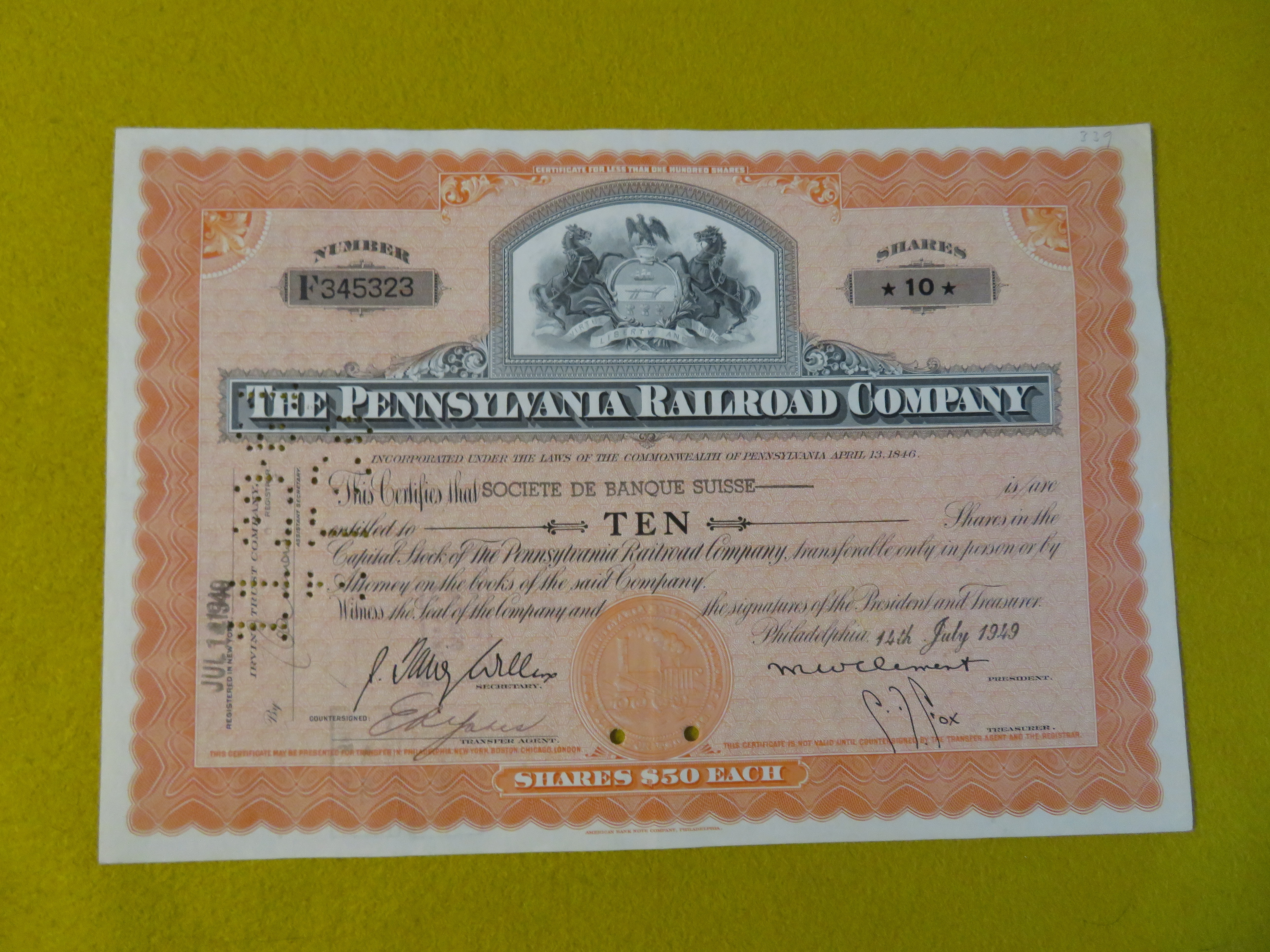 1949 Pennsylvania Railroad Company Stock Certificate