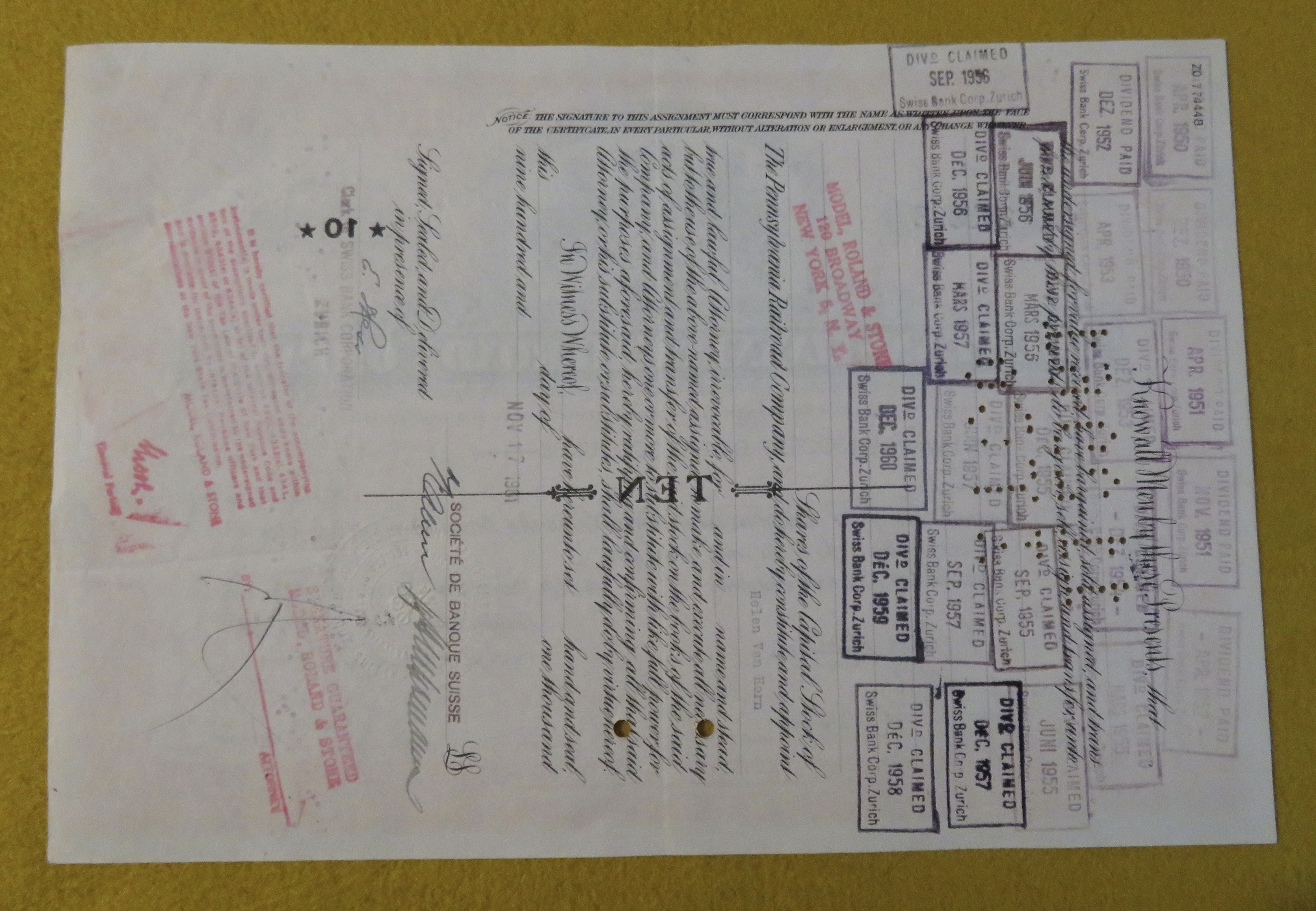 1949 Pennsylvania Railroad Company Stock Certificate