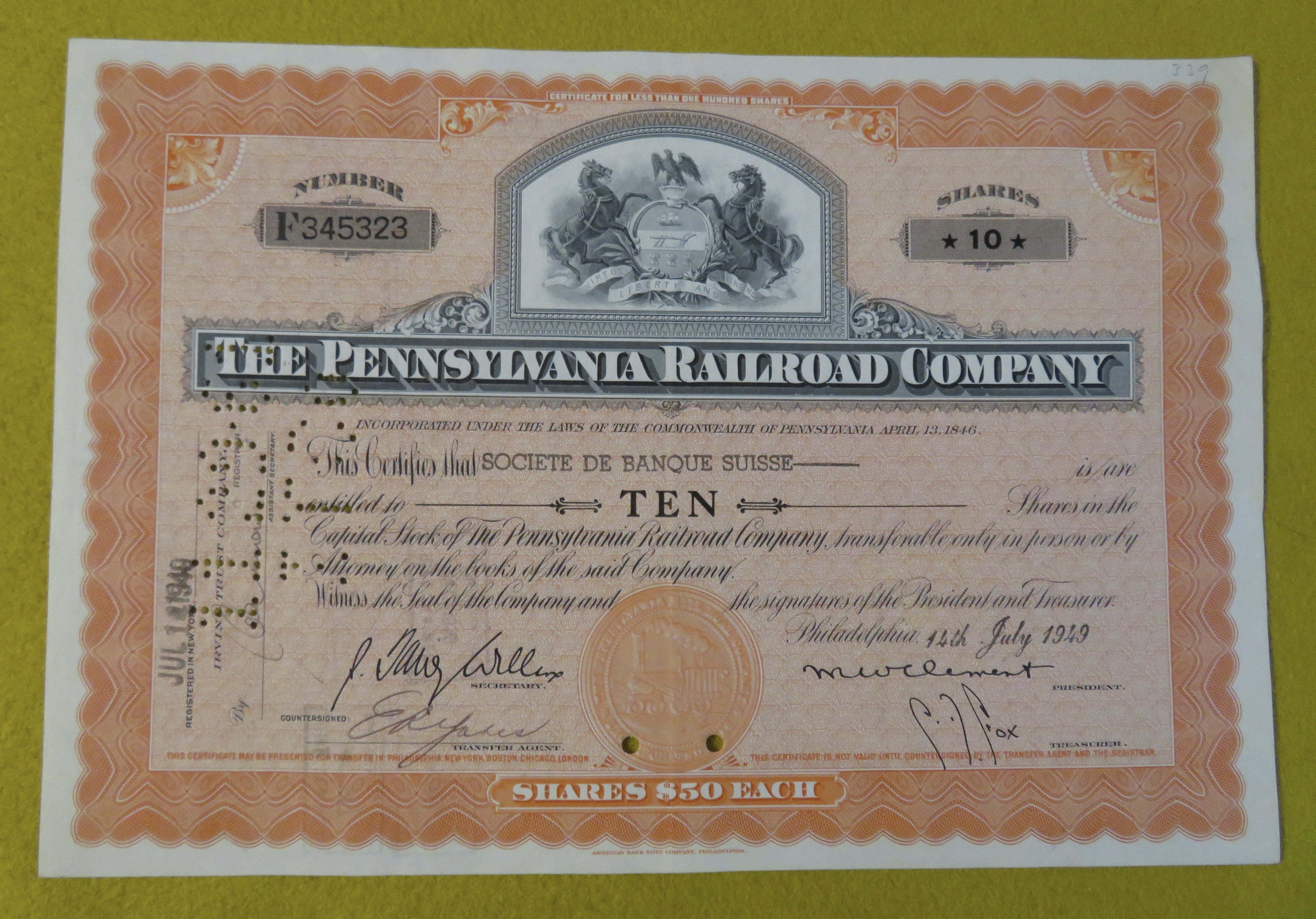 1949 Pennsylvania Railroad Company Stock Certificate
