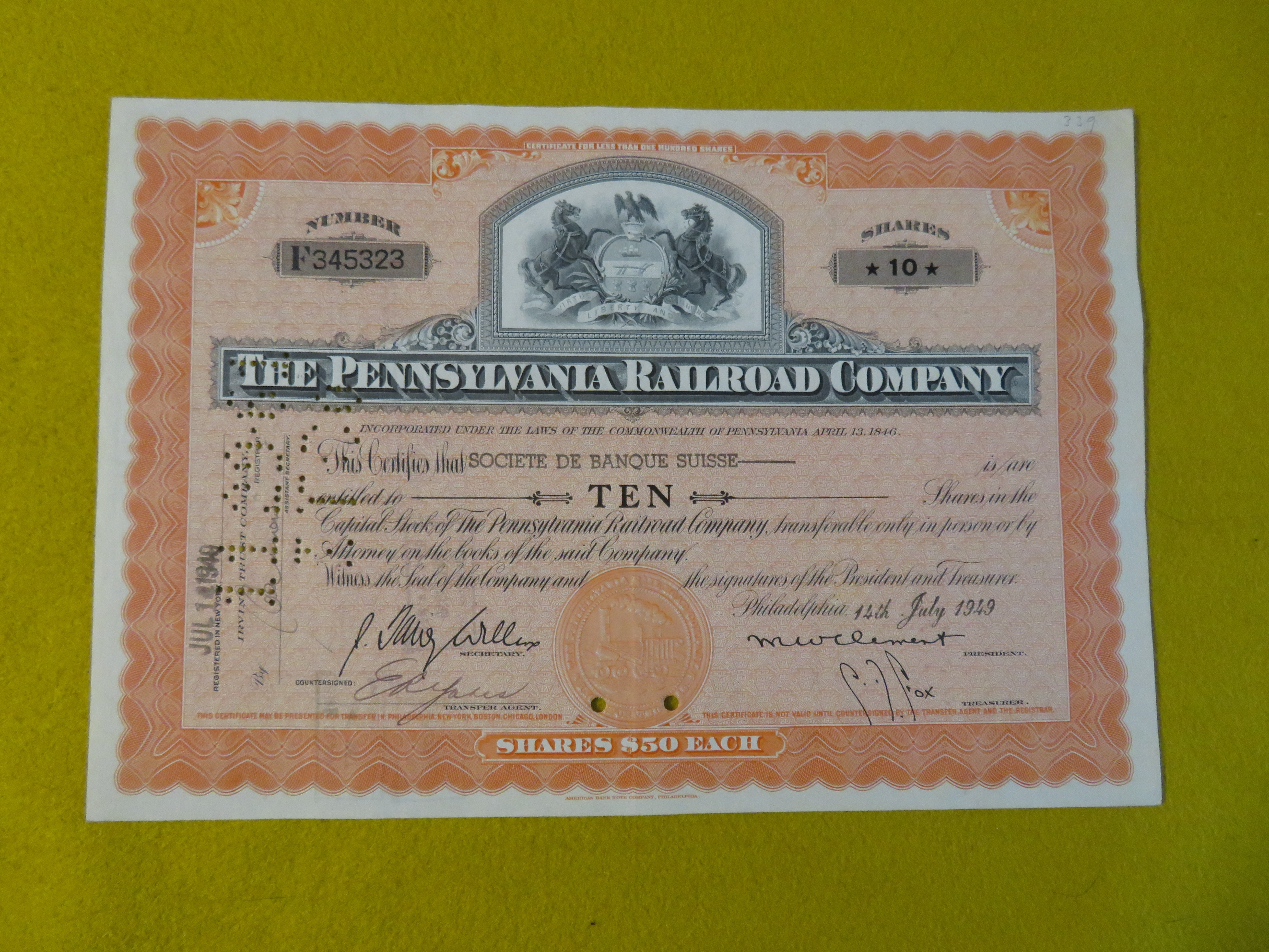 1949 Pennsylvania Railroad Company Stock Certificate
