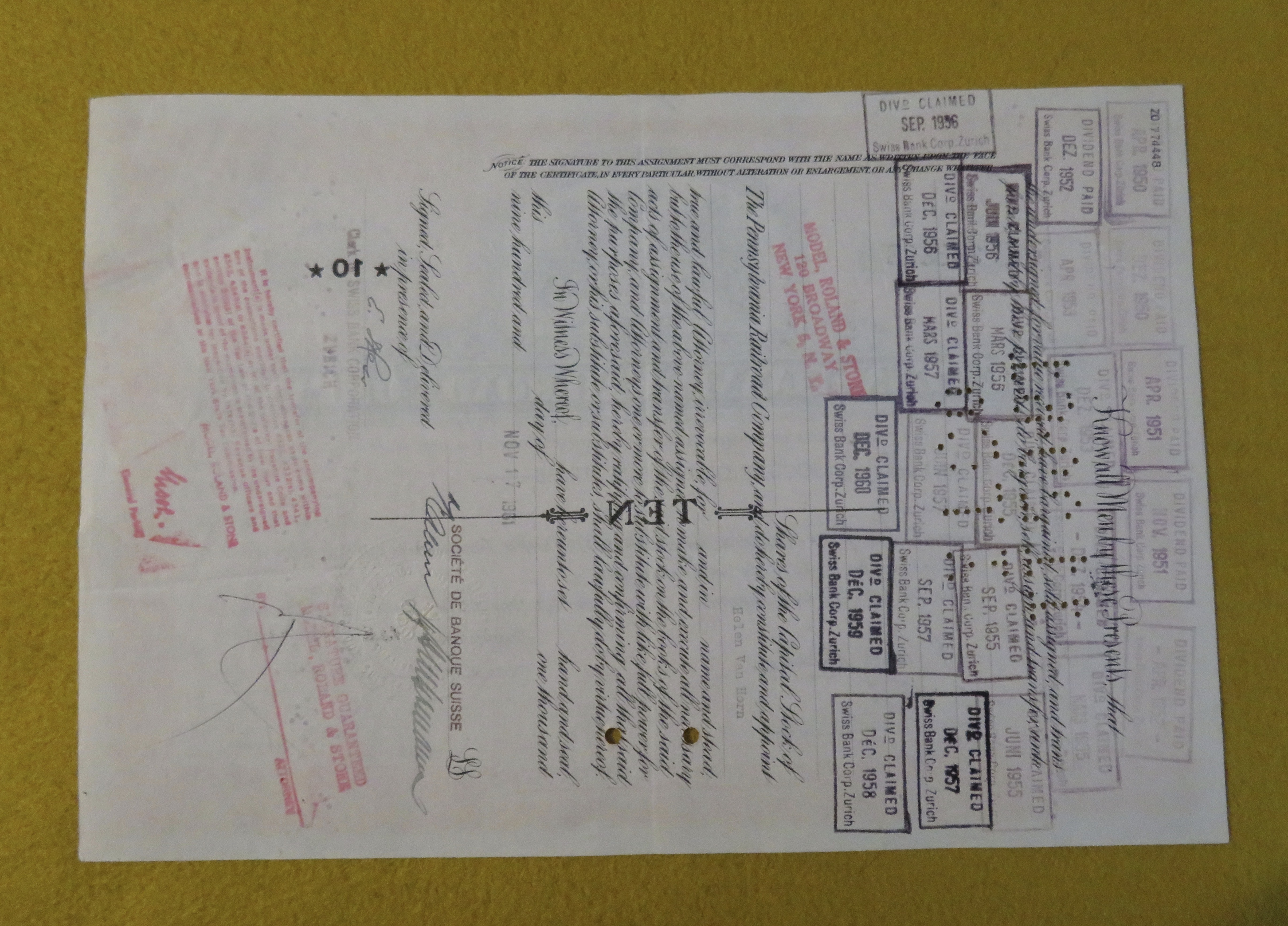 1949 Pennsylvania Railroad Company Stock Certificate