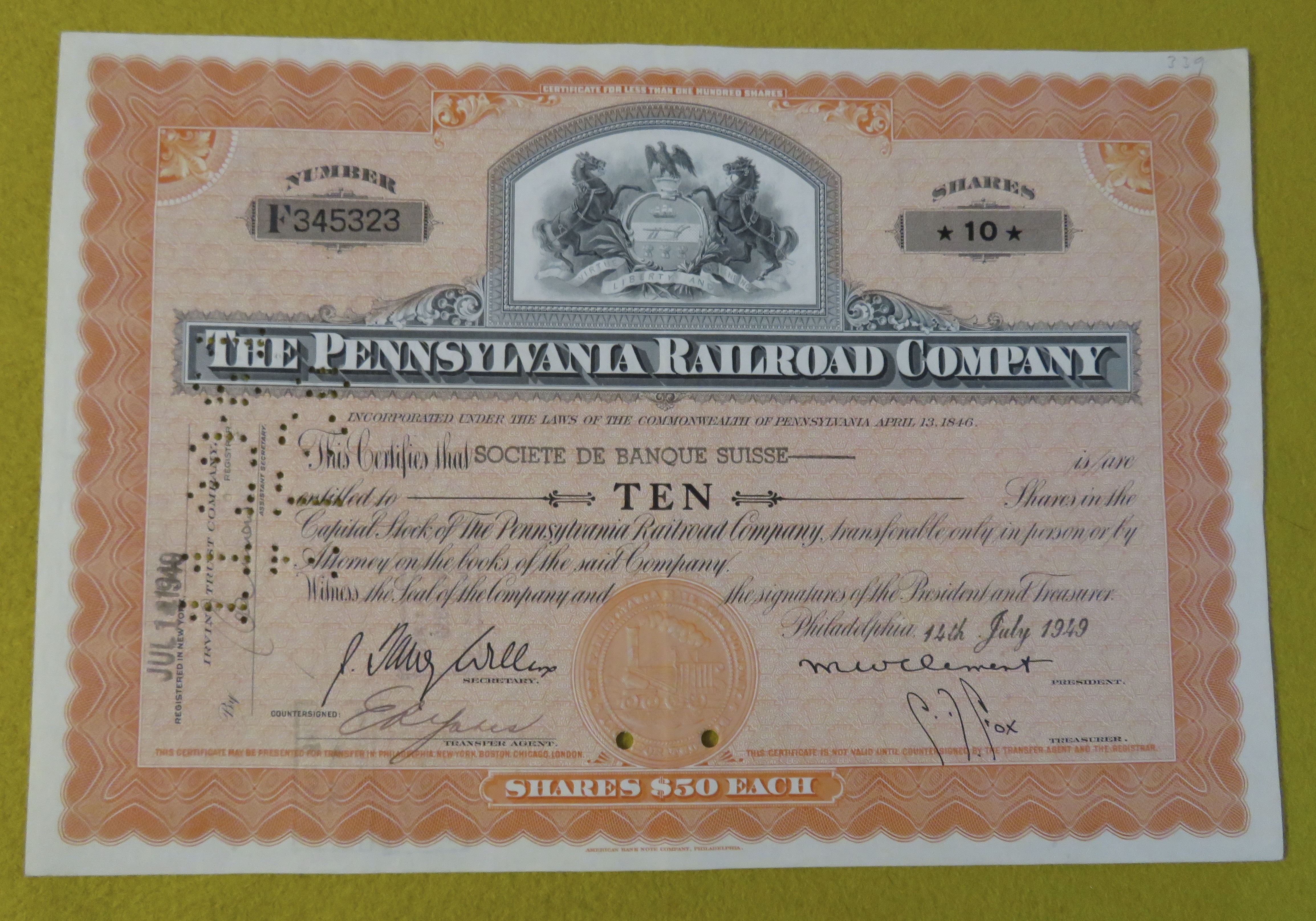 1949 Pennsylvania Railroad Company Stock Certificate