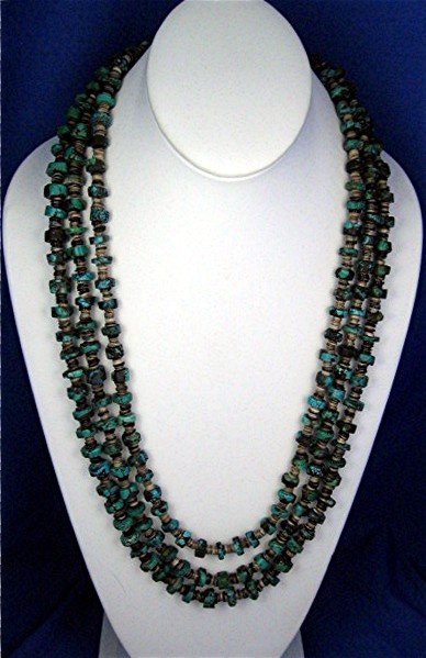 Necklace Turquoise Heishi 3 Strand Sterling Silver Poin