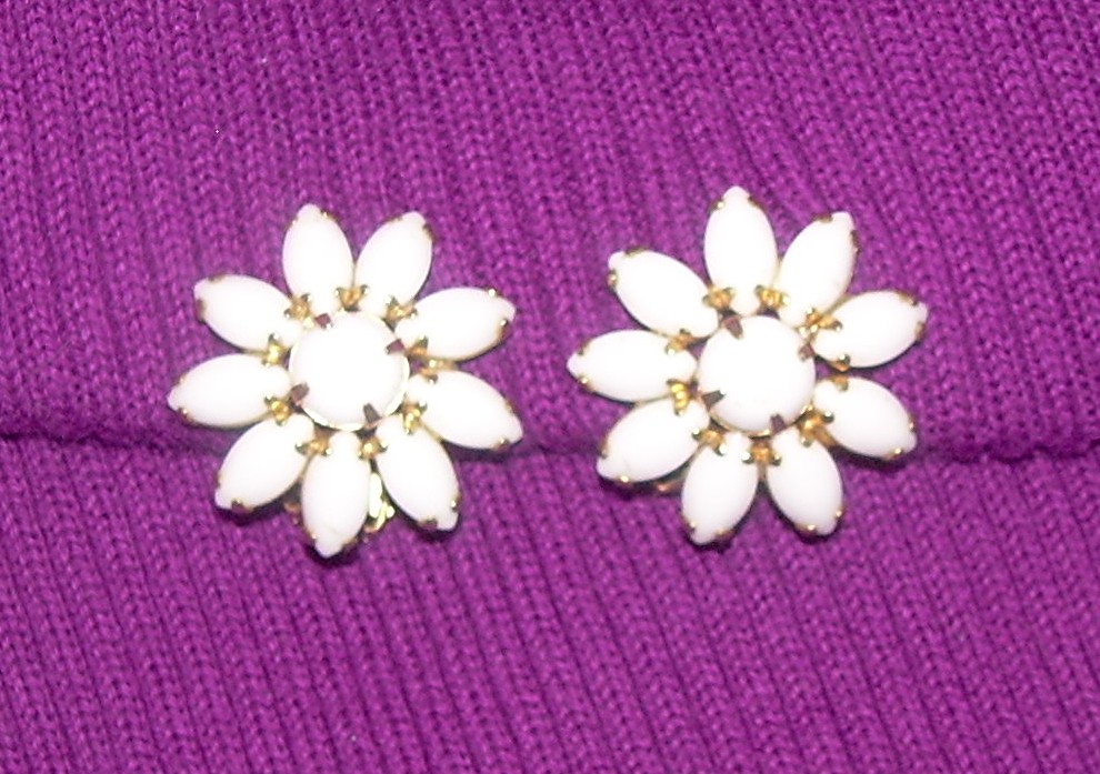Claw Set White Glass Flower Clip Earrings