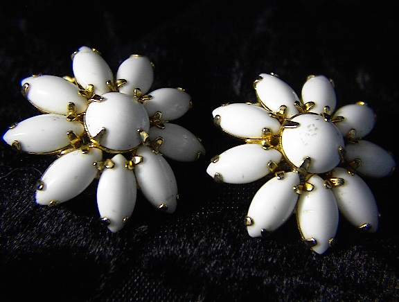Claw Set White Glass Flower Clip Earrings