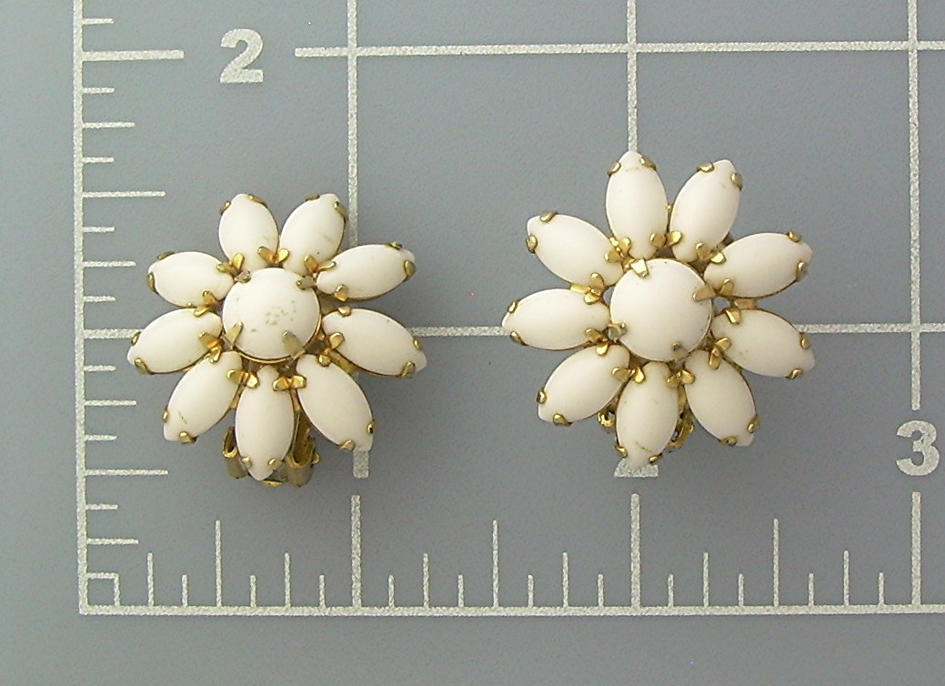 Claw Set White Glass Flower Clip Earrings