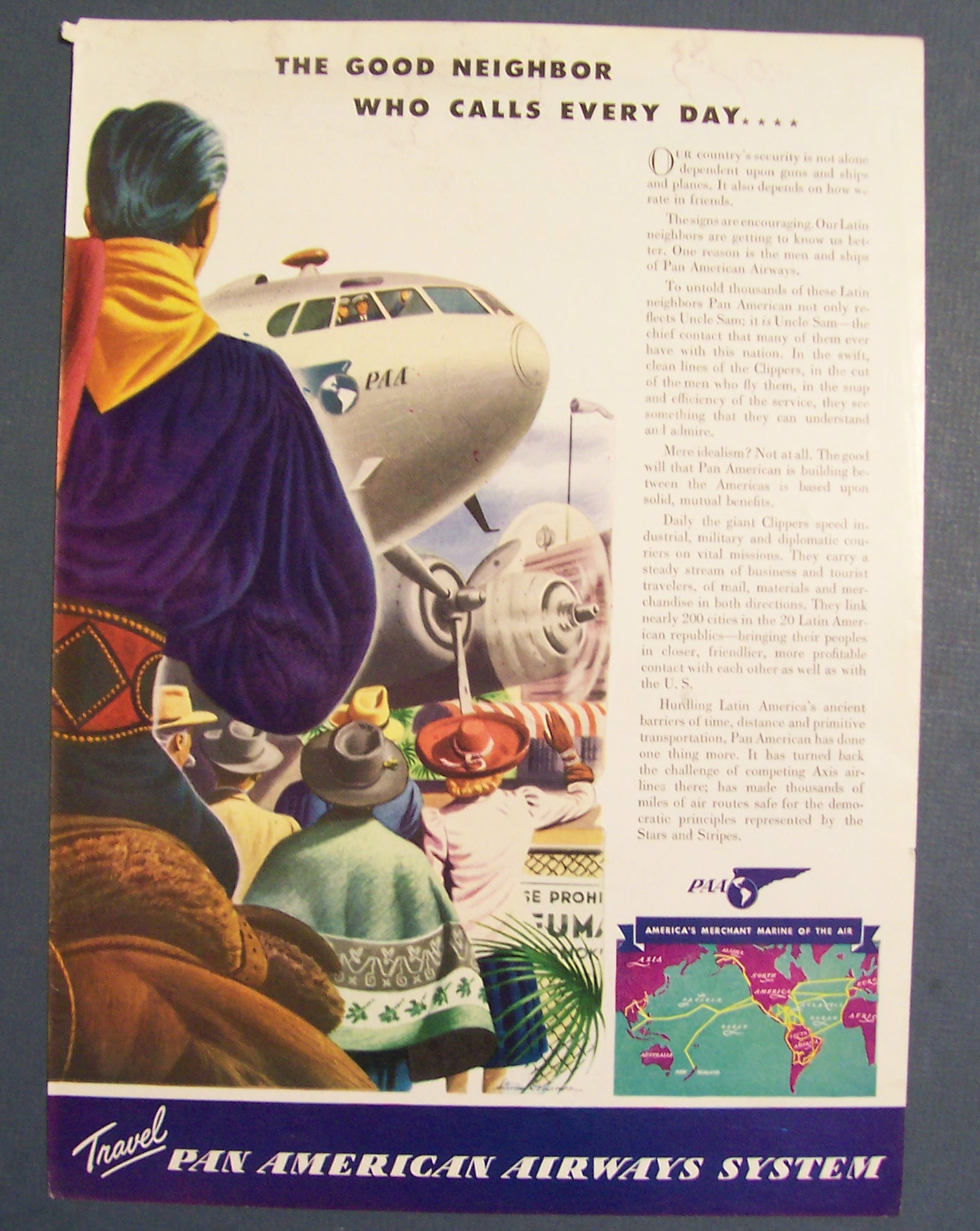 1941 Pan American Airways Ad with People & Plane