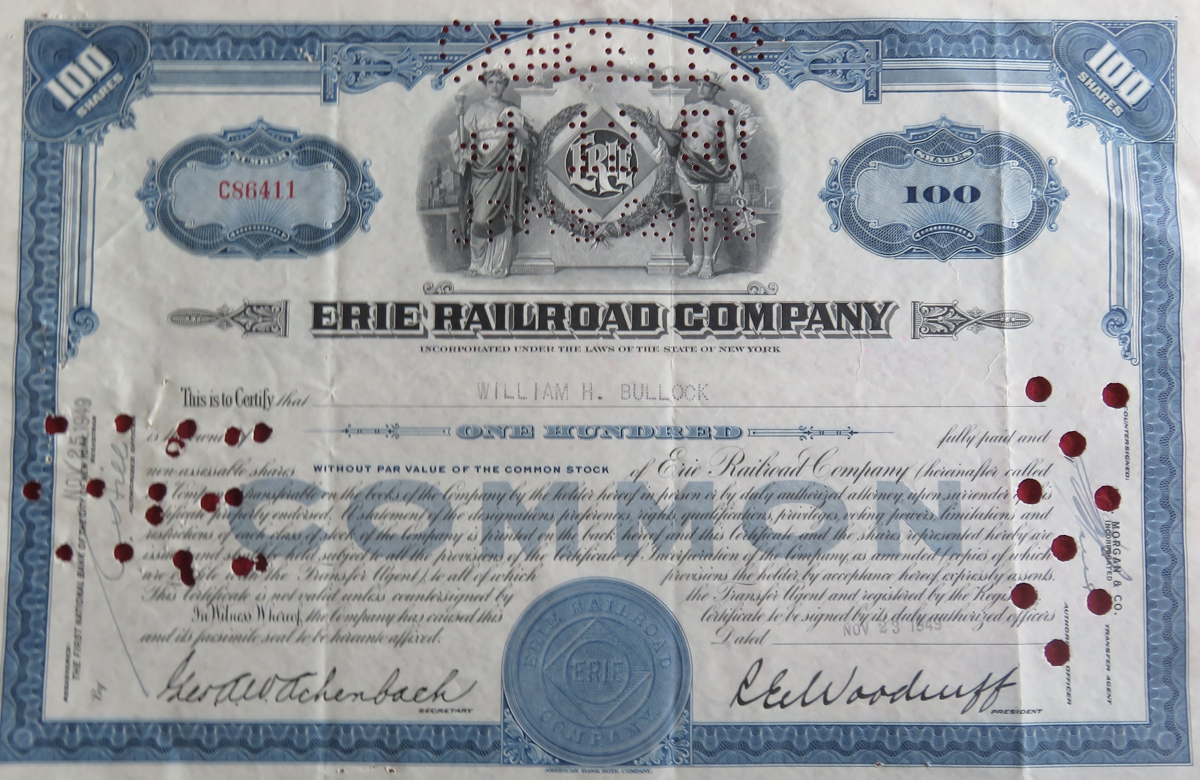 1949 Erie Railroad Company Stock Certificate