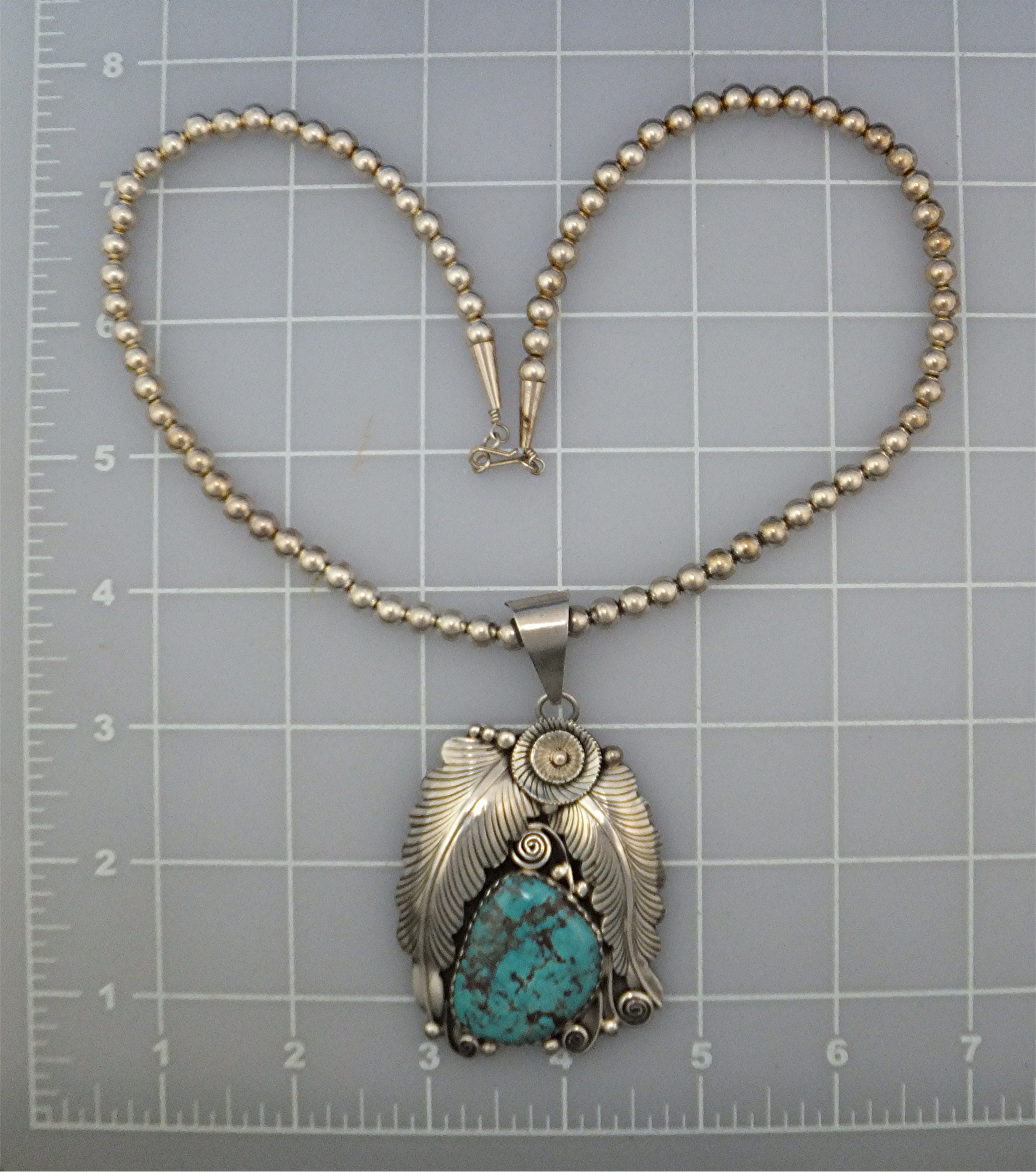 Navajo Sterling Silver Beads Turquoise Pendant L. BENNE