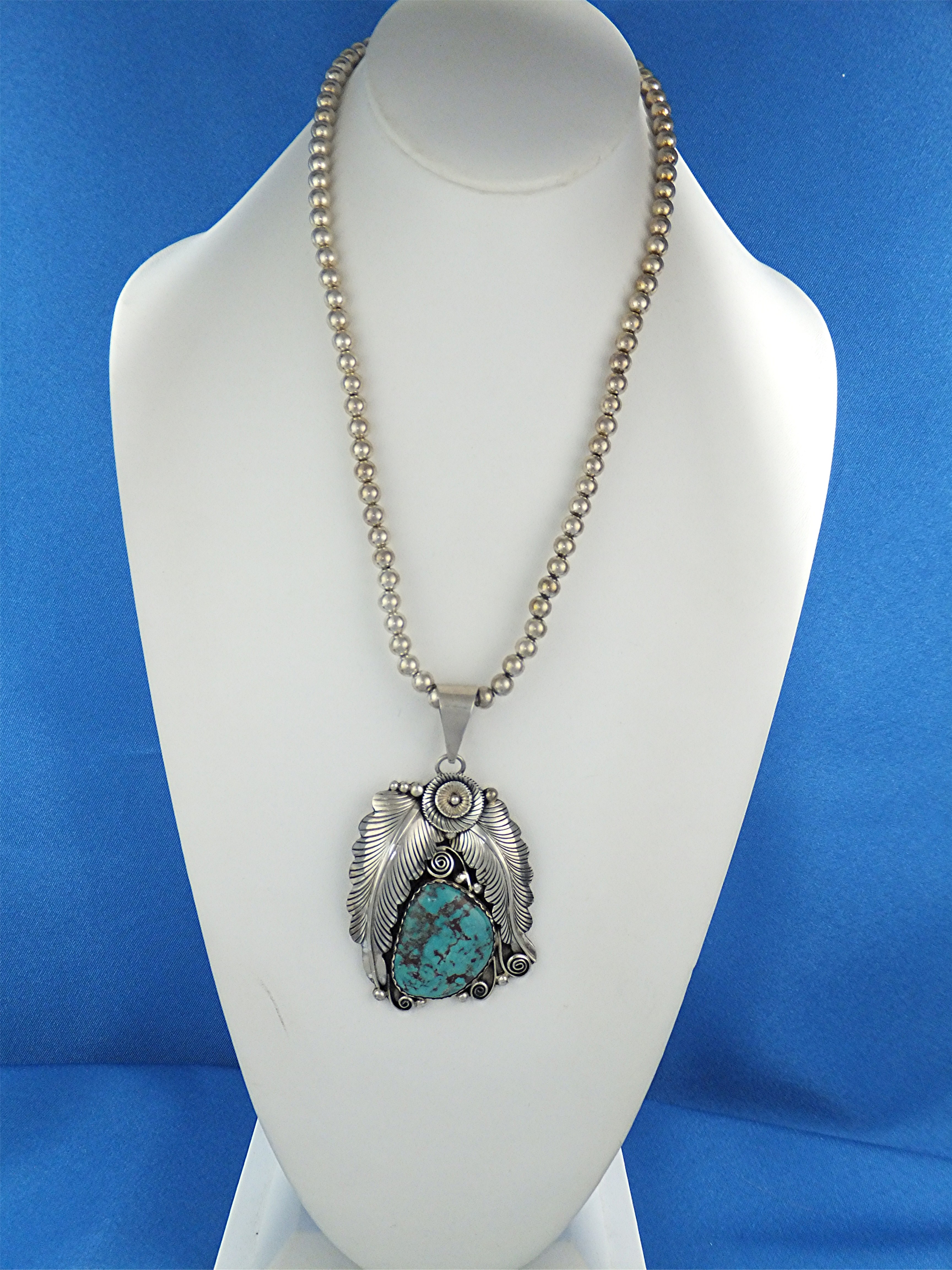 Navajo Sterling Silver Beads Turquoise Pendant L. BENNE