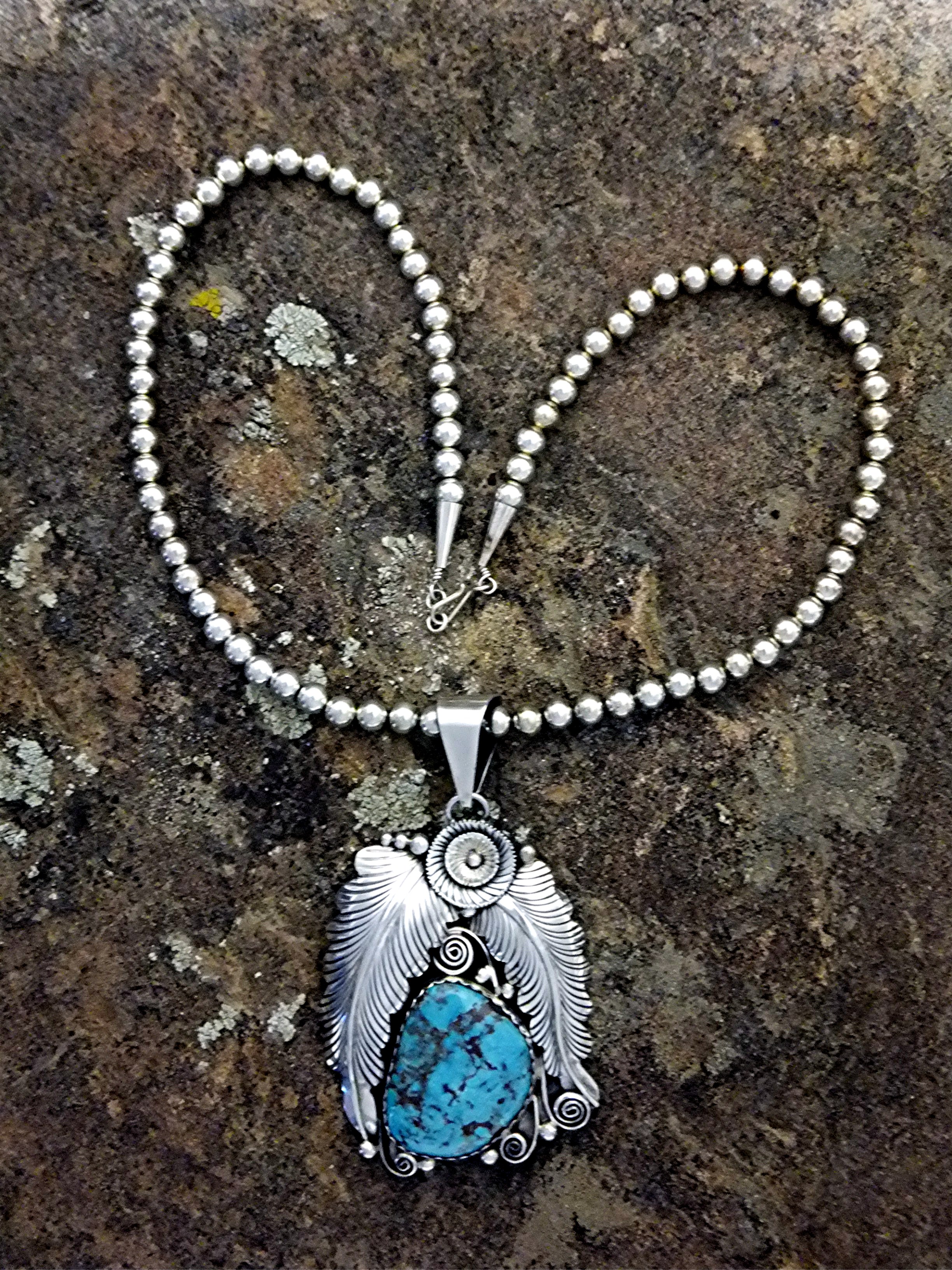 Navajo Sterling Silver Beads Turquoise Pendant L. BENNE