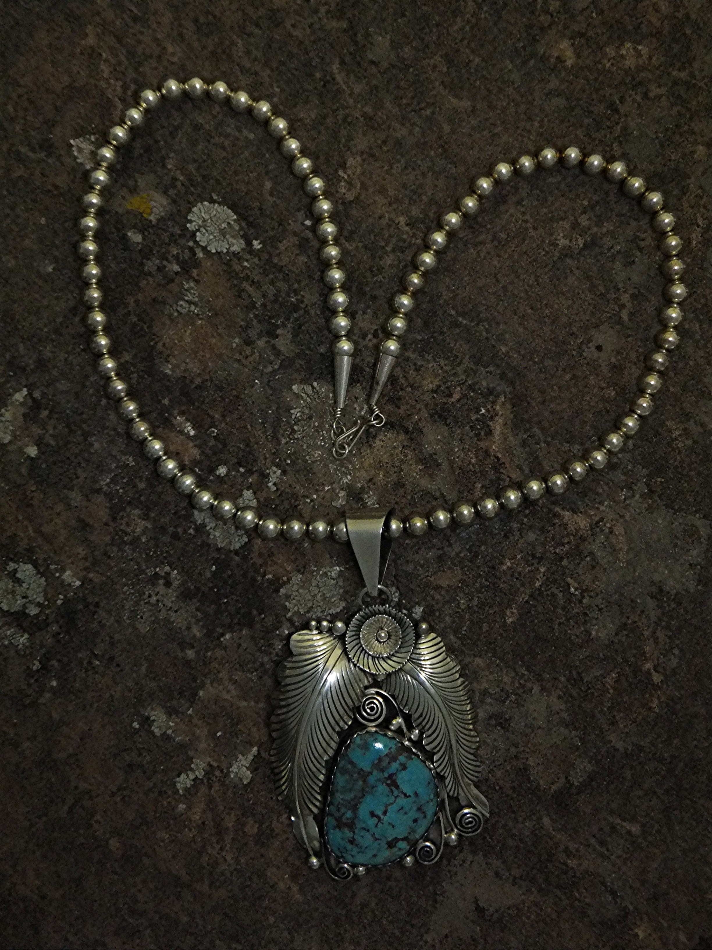 Navajo Sterling Silver Beads Turquoise Pendant L. BENNE