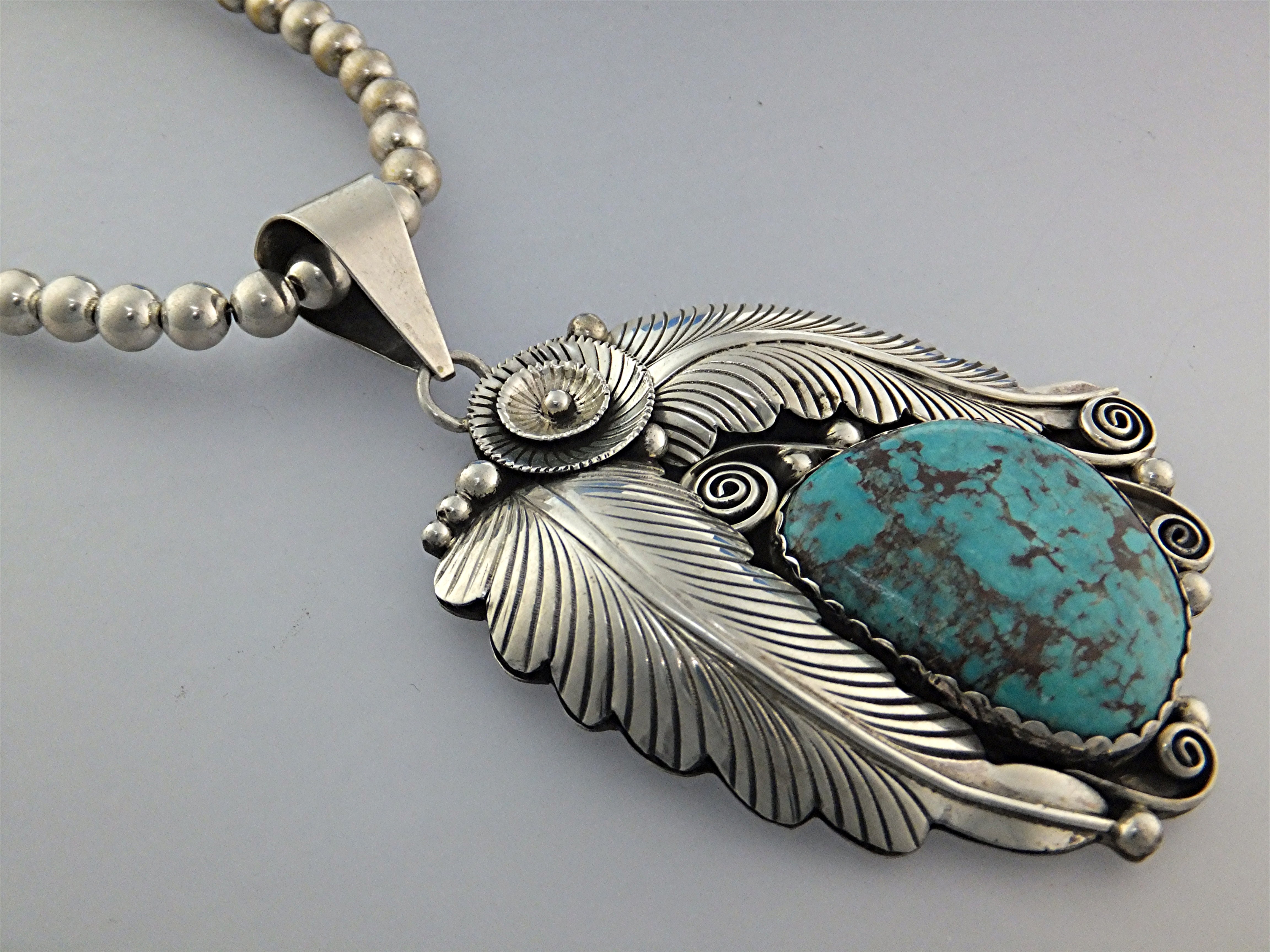 Navajo Sterling Silver Beads Turquoise Pendant L. BENNE