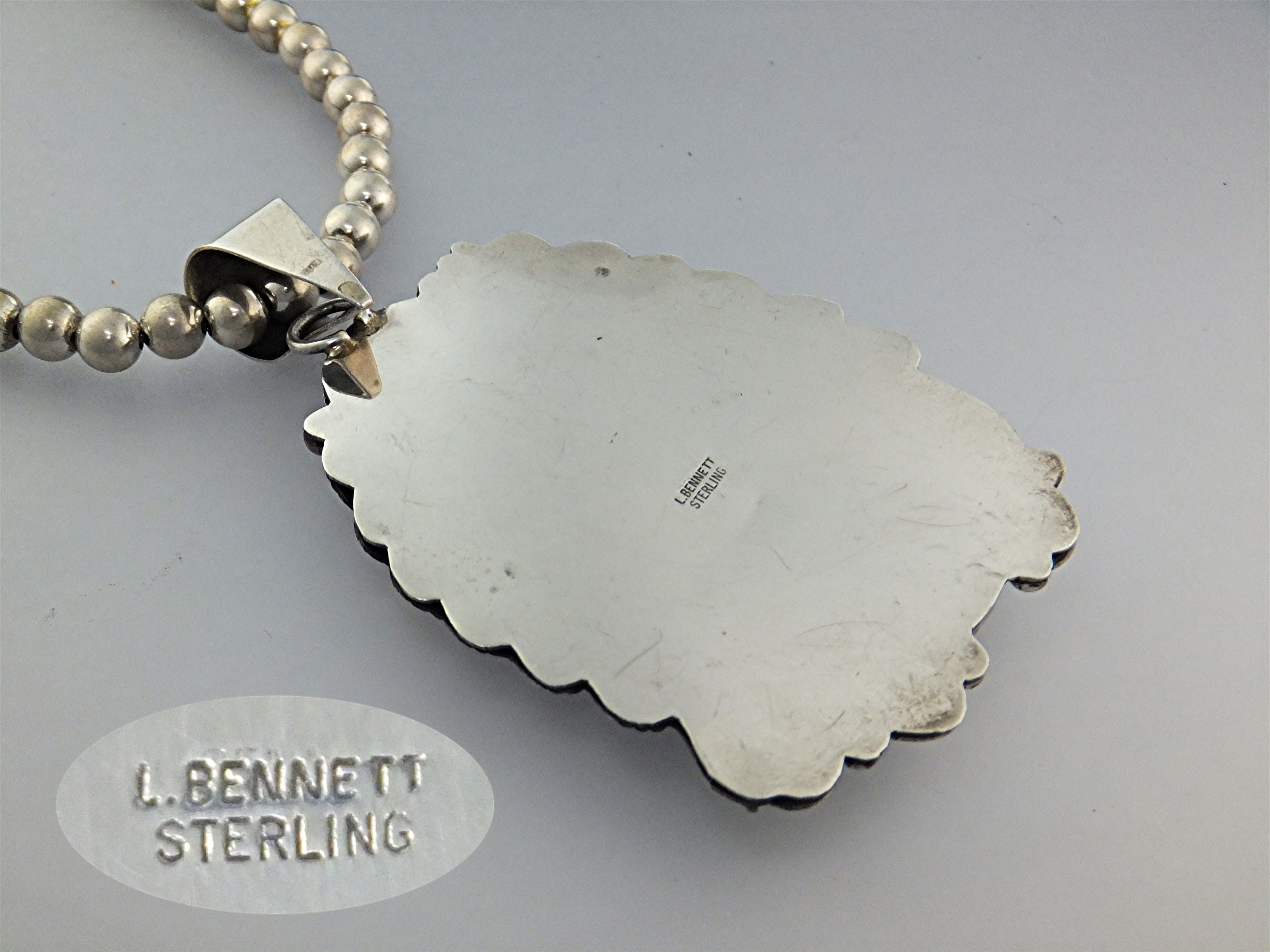 Navajo Sterling Silver Beads Turquoise Pendant L. BENNE