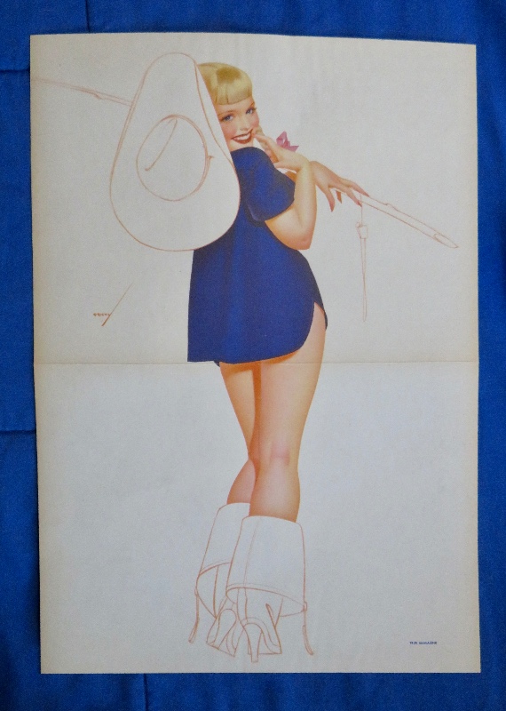 Original 1946 Sexy Pin Up Girl Wearing A Blue Shirt With A Cowboy Hat & Wearing Boots By George Petty