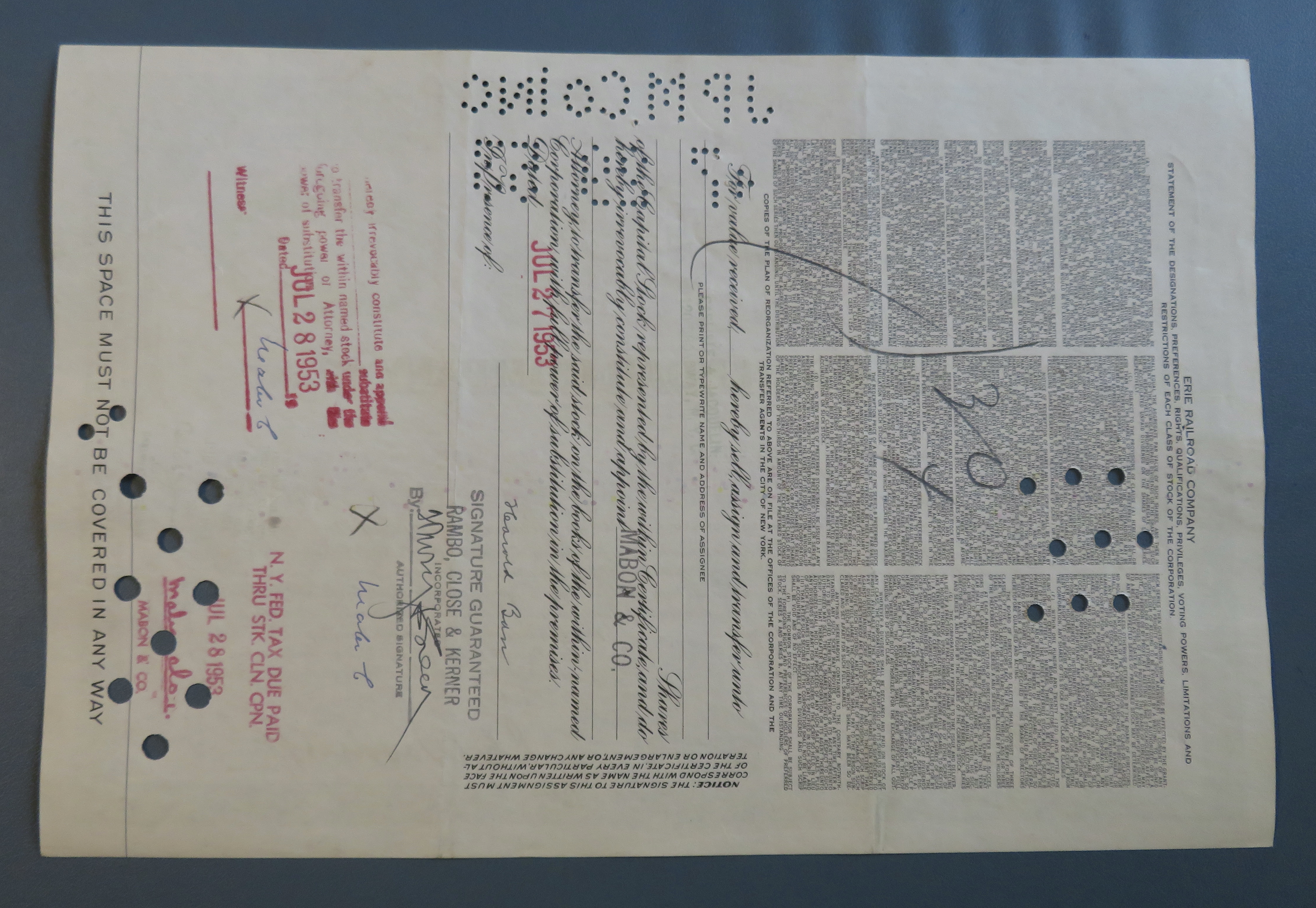 1952 Erie Railroad Company Stock Certificate