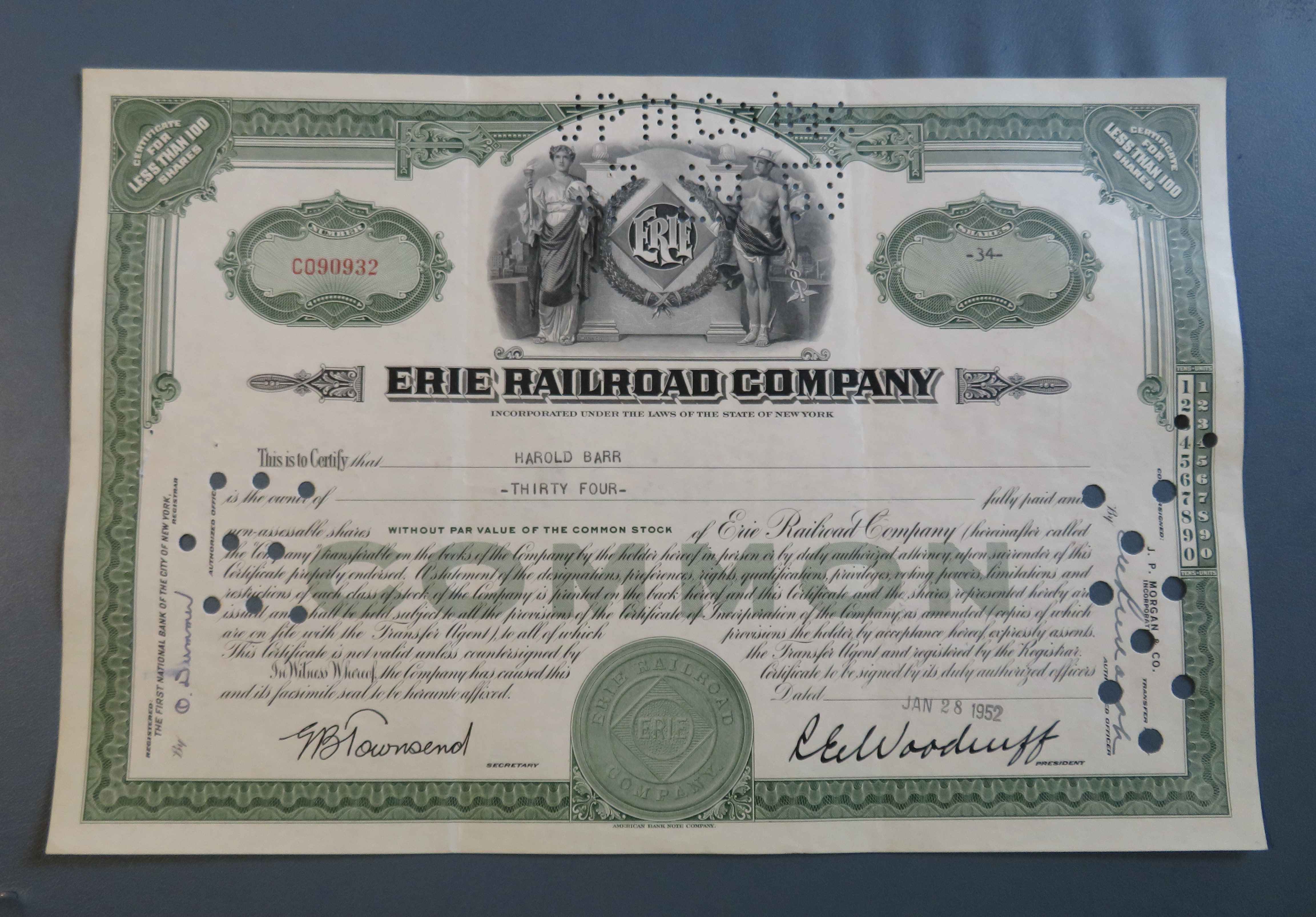 1952 Erie Railroad Company Stock Certificate