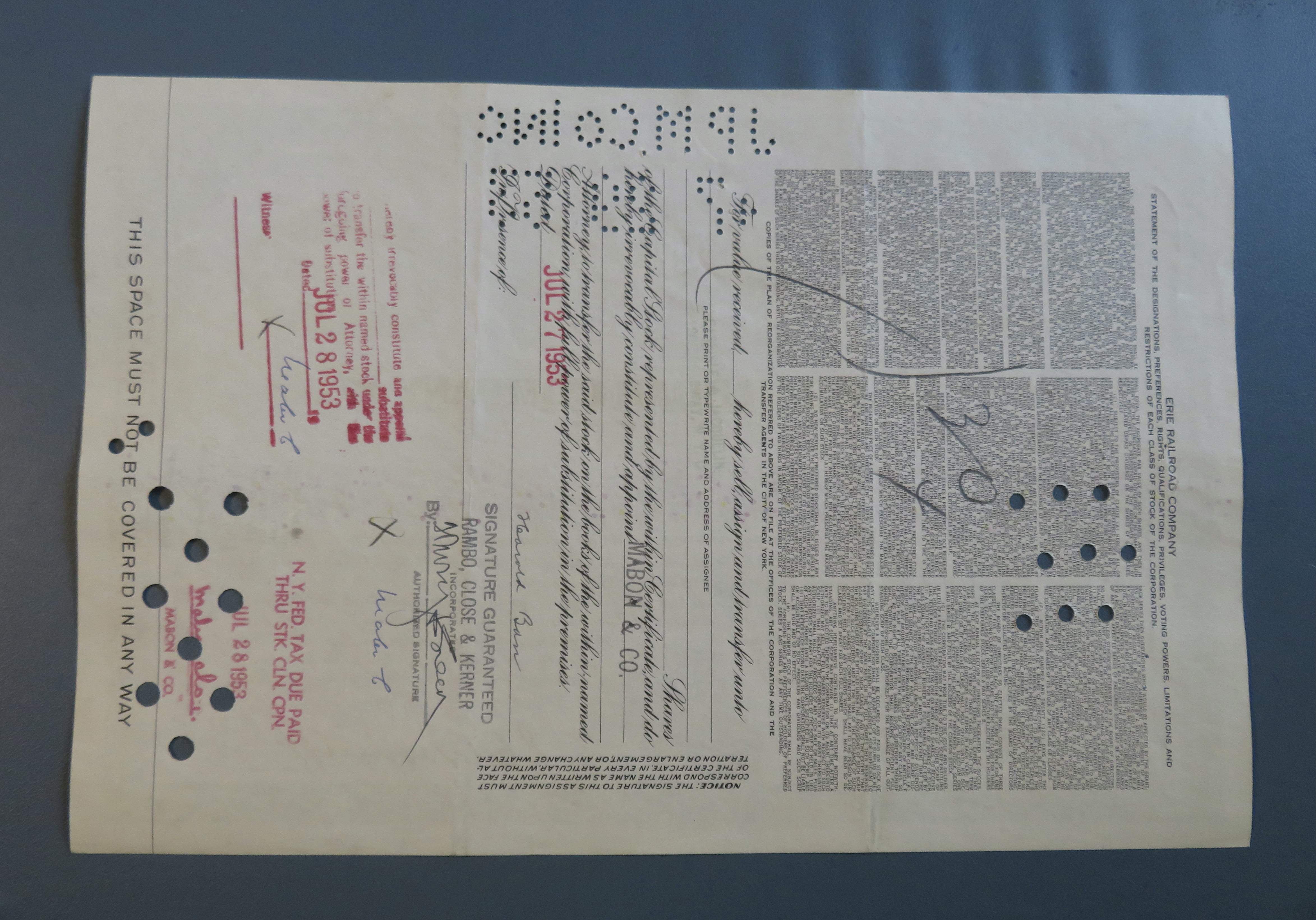 1952 Erie Railroad Company Stock Certificate