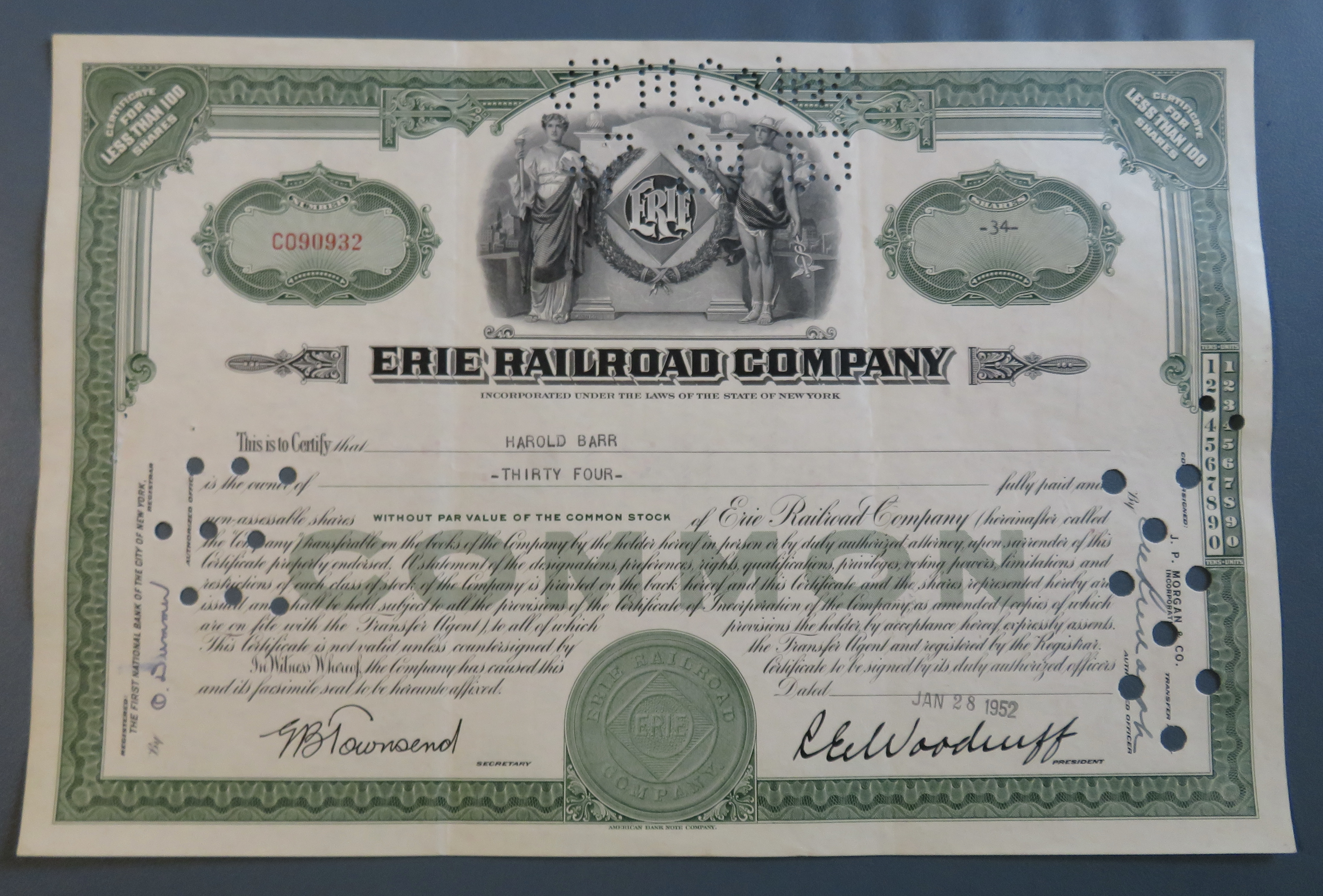 1952 Erie Railroad Company Stock Certificate