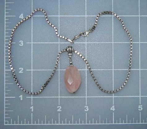 Sterling Silver Box Link Necklace Rose Quartz Pendant