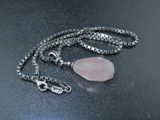 Sterling Silver Box Link Necklace Rose Quartz Pendant