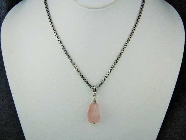 Sterling Silver Box Link Necklace Rose Quartz Pendant