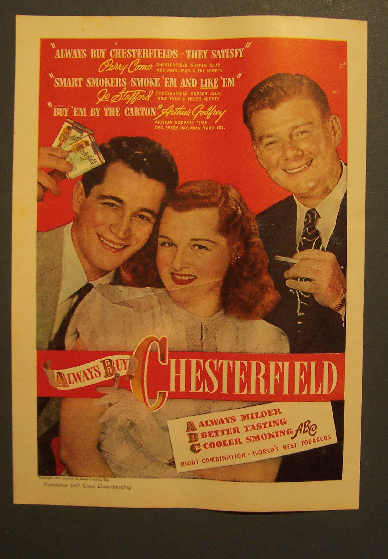 1947 Chesterfield Cigarettes w/Como, Stafford & Godfrey