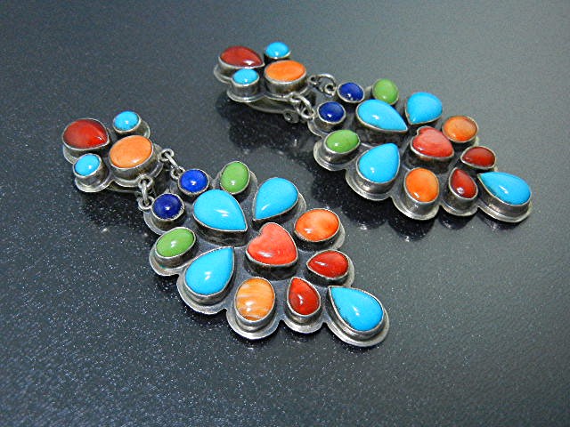 Navajo Turquoise Coral Gaspeite Sterling Silver Clips R