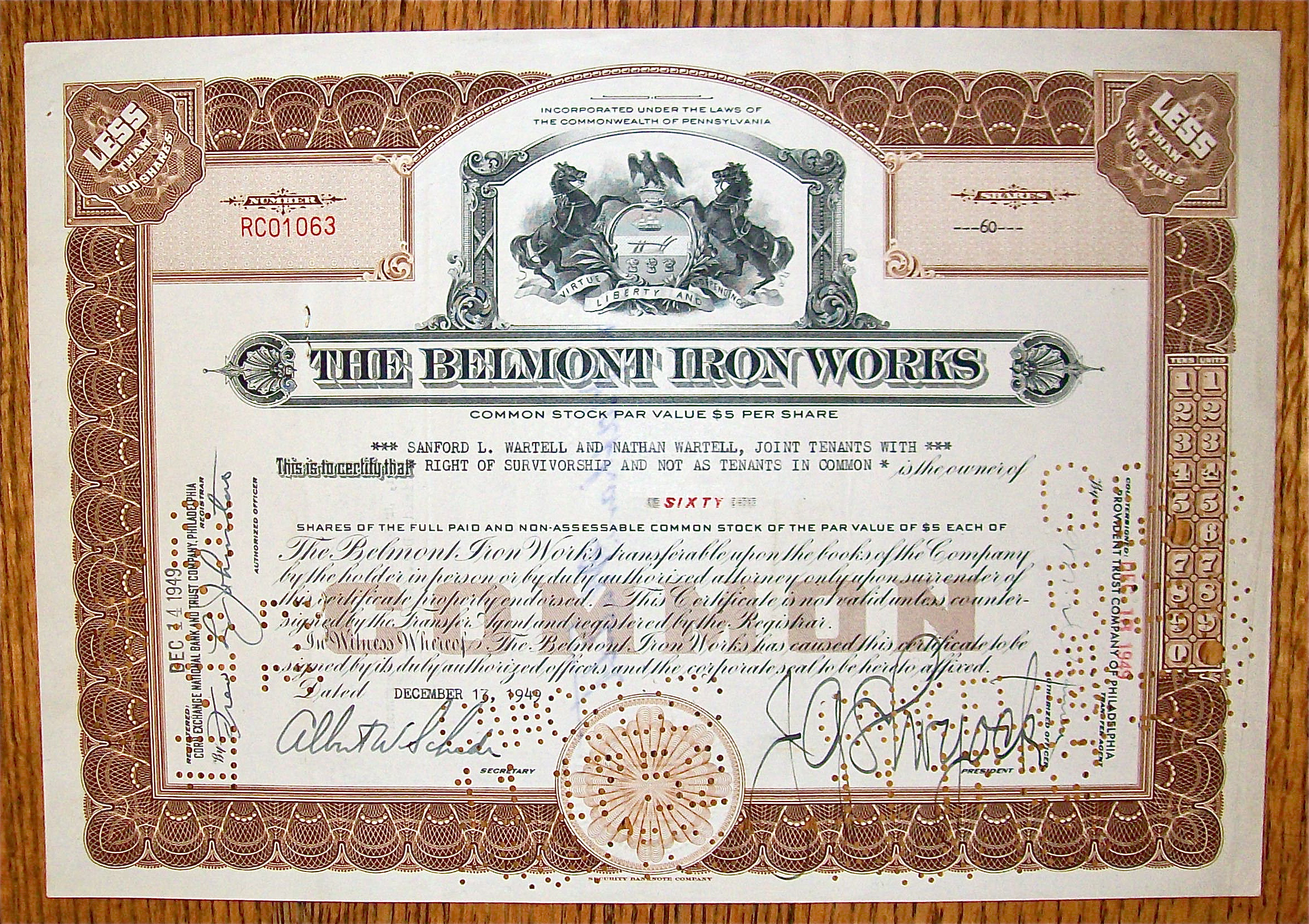 1949 Belmont Iron Works Stock Certificate