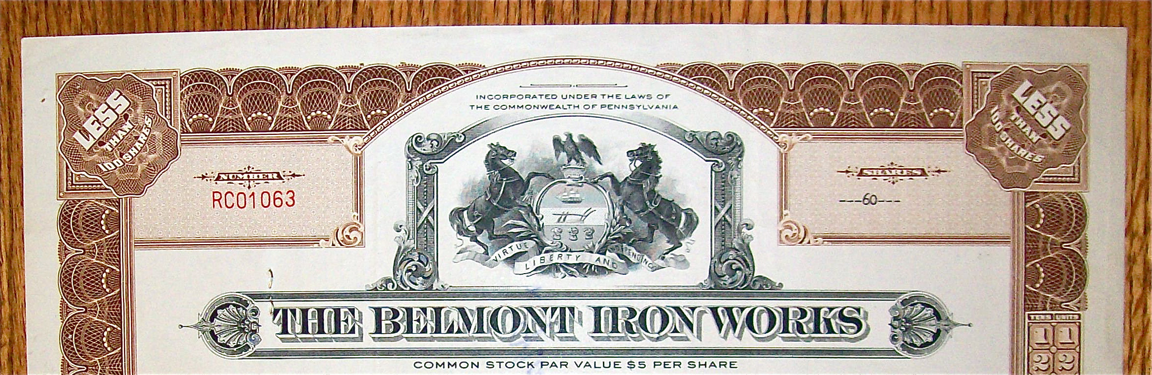 1949 Belmont Iron Works Stock Certificate