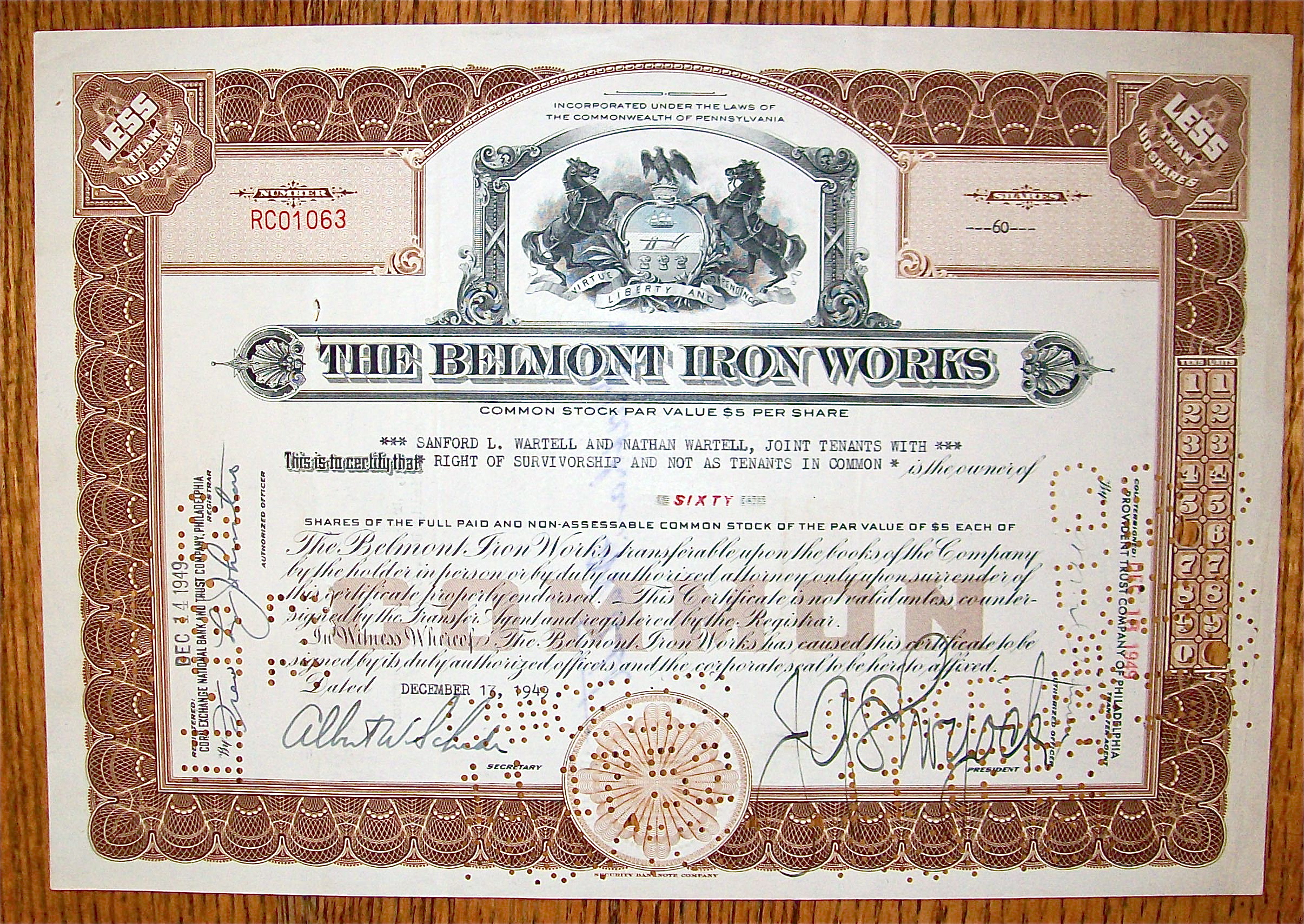 1949 Belmont Iron Works Stock Certificate