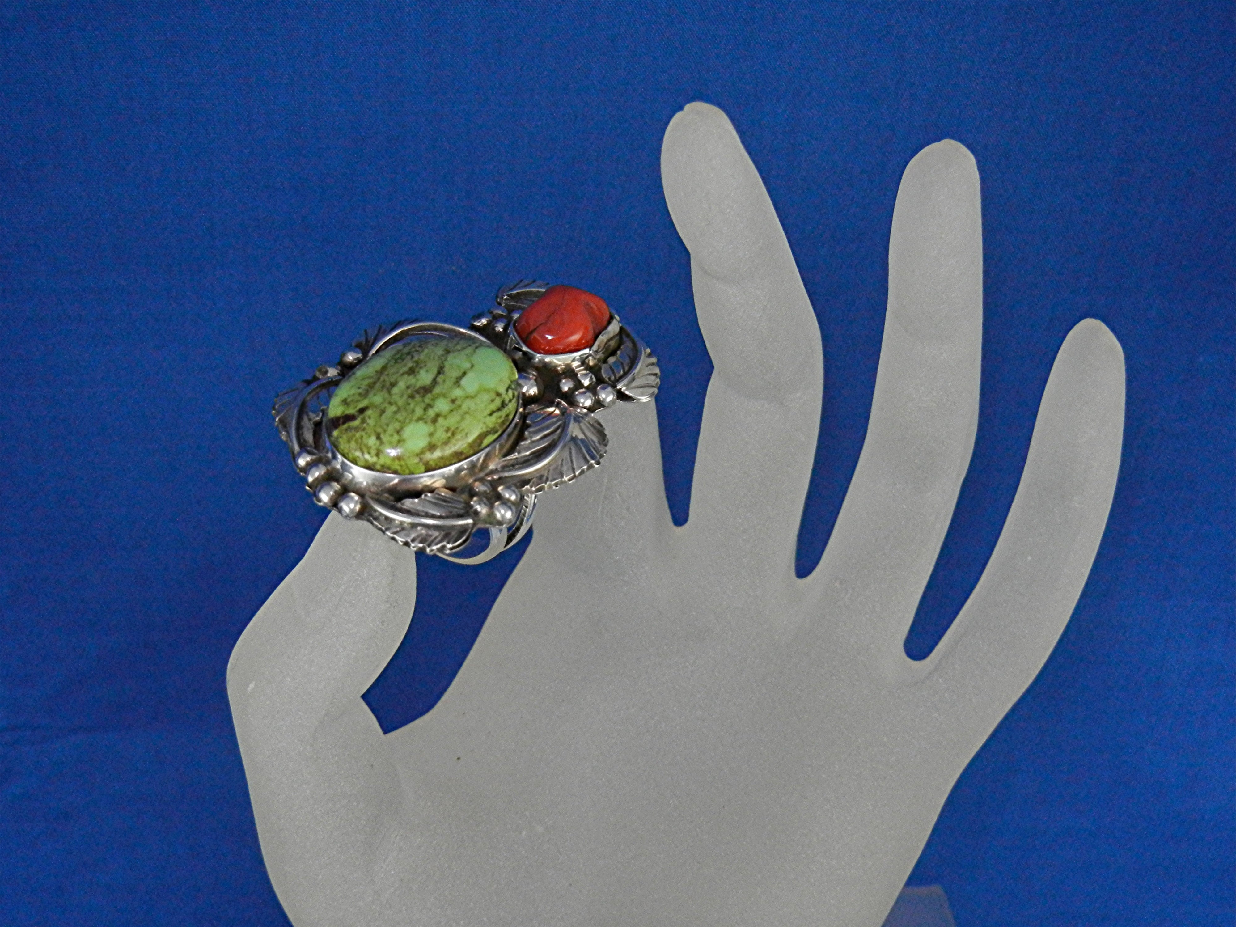 Navajo Gaspeite Coral Sterling Silver Ring Signed A T