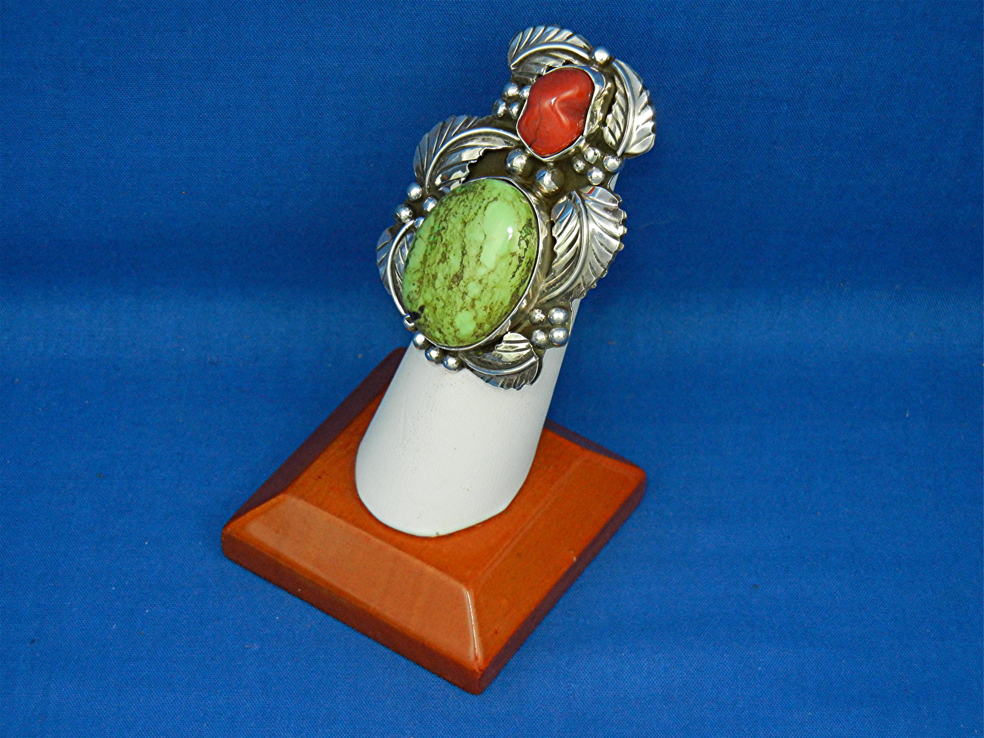 Navajo Gaspeite Coral Sterling Silver Ring Signed A T