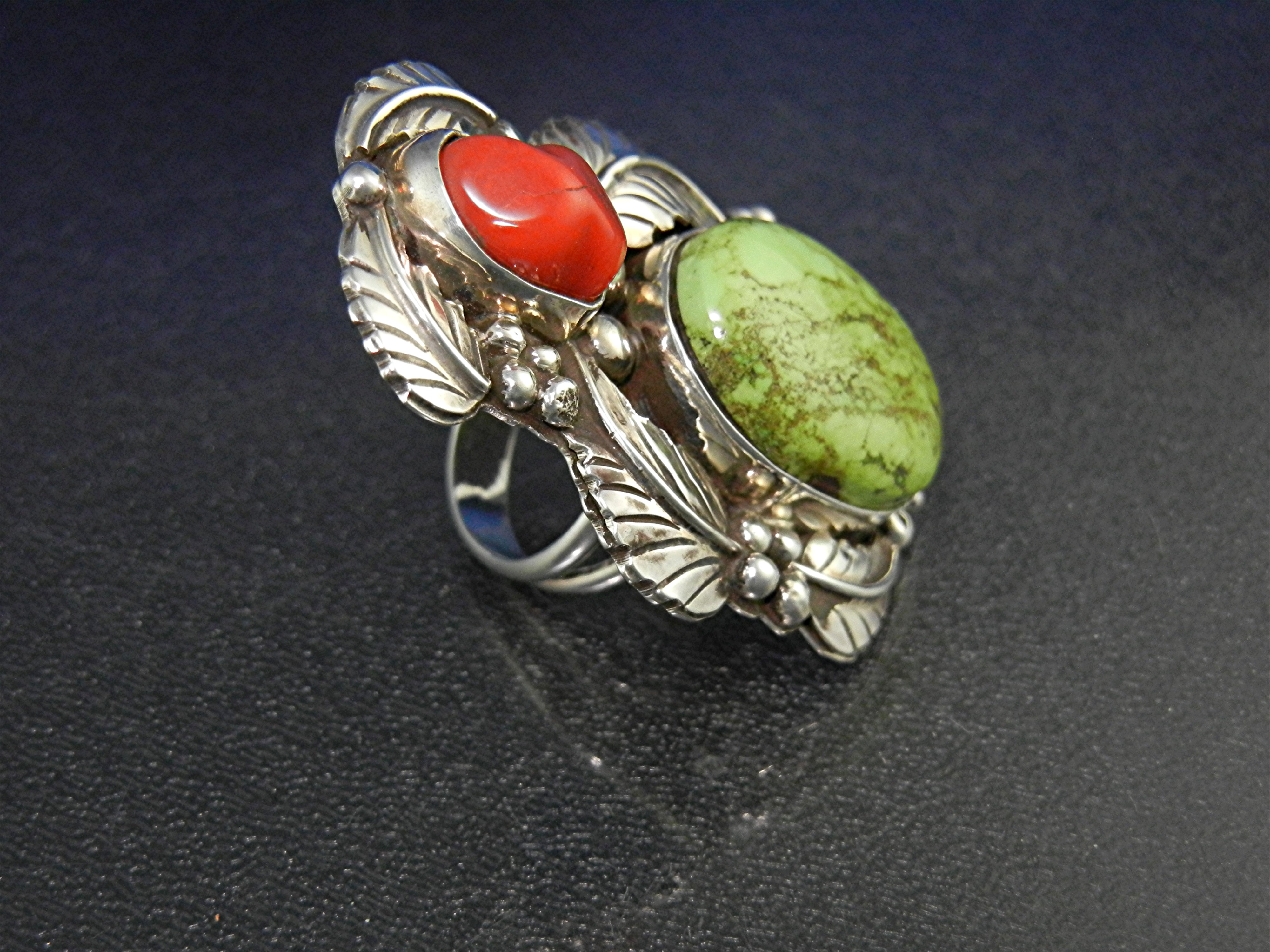 Navajo Gaspeite Coral Sterling Silver Ring Signed A T