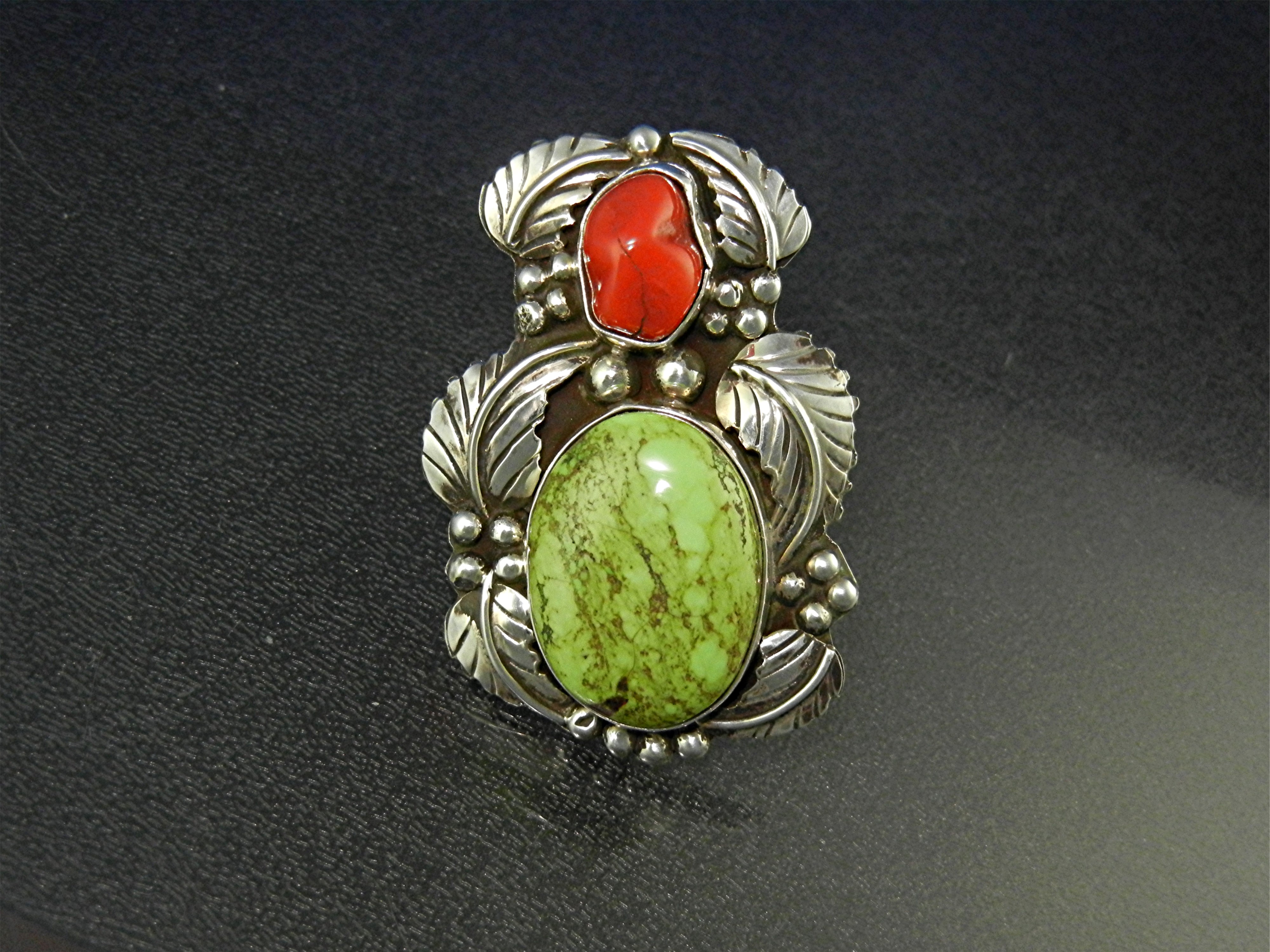 Navajo Gaspeite Coral Sterling Silver Ring Signed A T