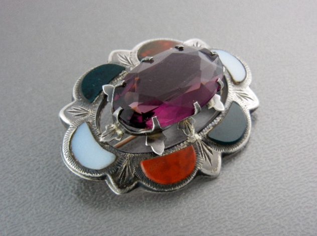 Antique Sterling Silver Agate Amethyst Scottish Brooch
