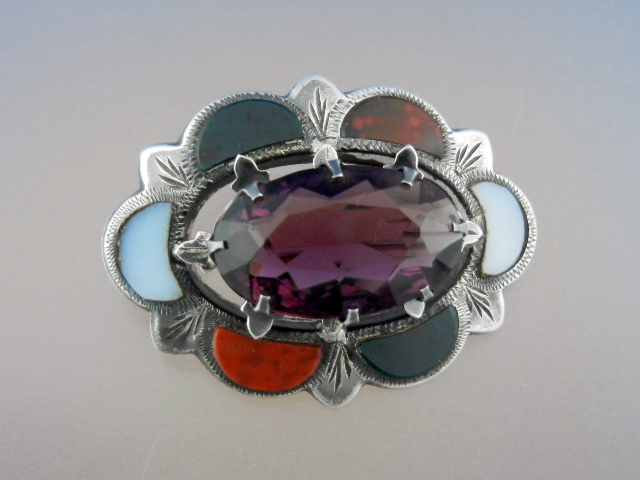 Antique Sterling Silver Agate Amethyst Scottish Brooch