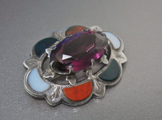 Antique Sterling Silver Agate Amethyst Scottish Brooch