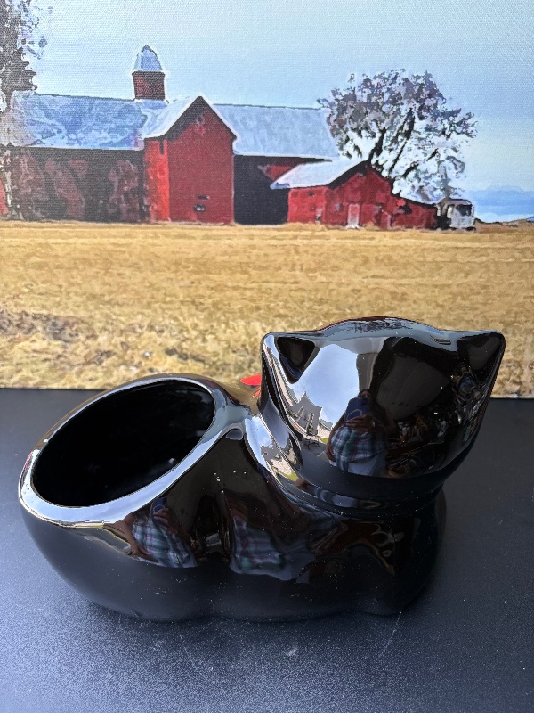 Black Cat Planter mid century 1950s cold painted