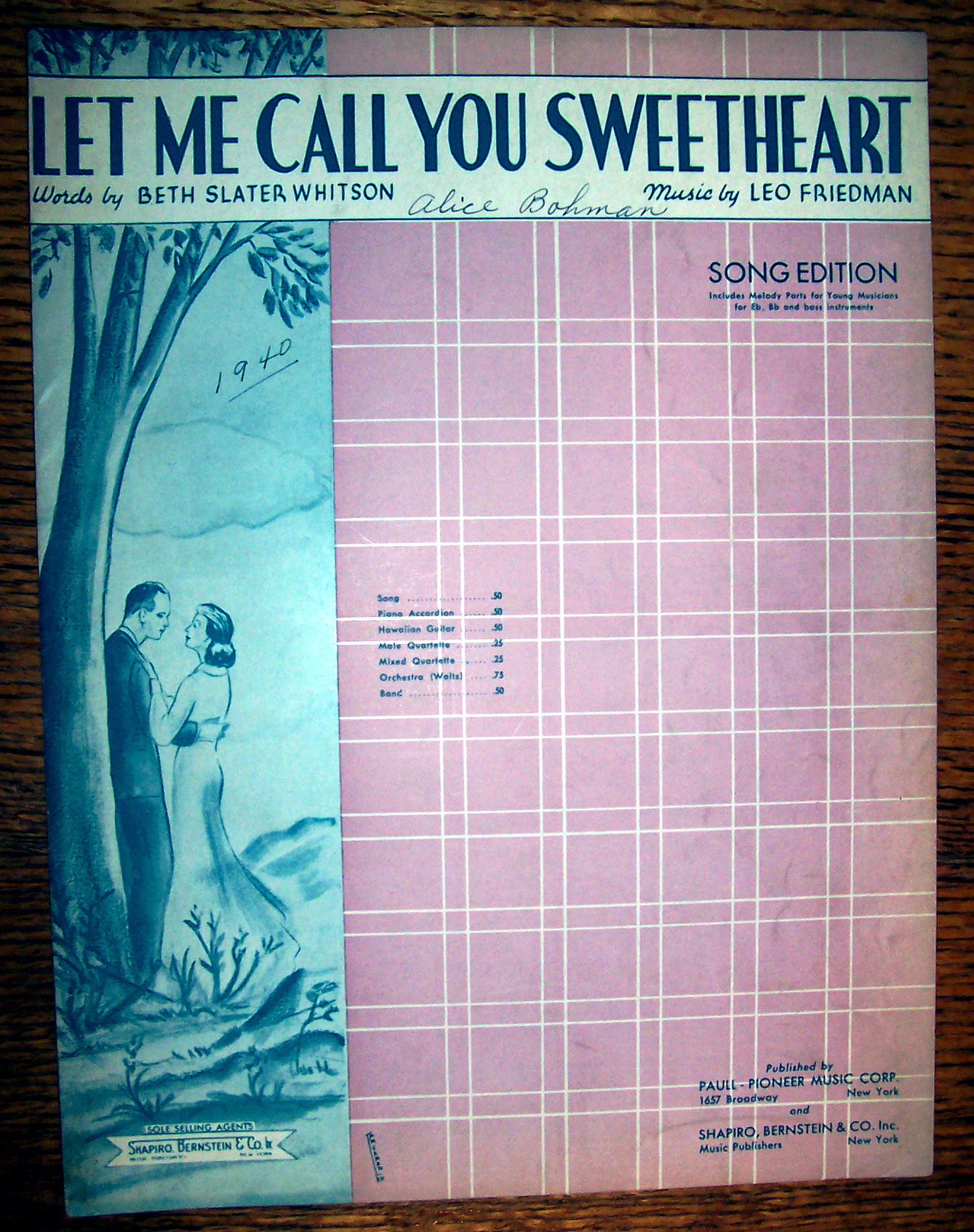 Sheet Music For 1940 Let Me Call You Sweetheart