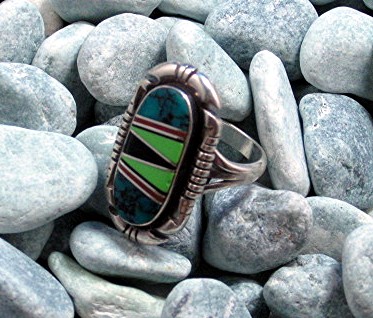Navajo Sterling Silver Coral Onyx Turquoise Gaspeite Ri