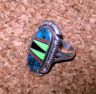 Navajo Sterling Silver Coral Onyx Turquoise Gaspeite Ri