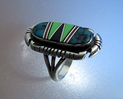 Navajo Sterling Silver Coral Onyx Turquoise Gaspeite Ri