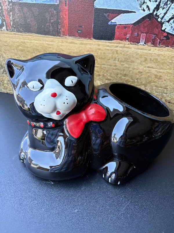 Black Cat Planter mid century 1950s cold painted