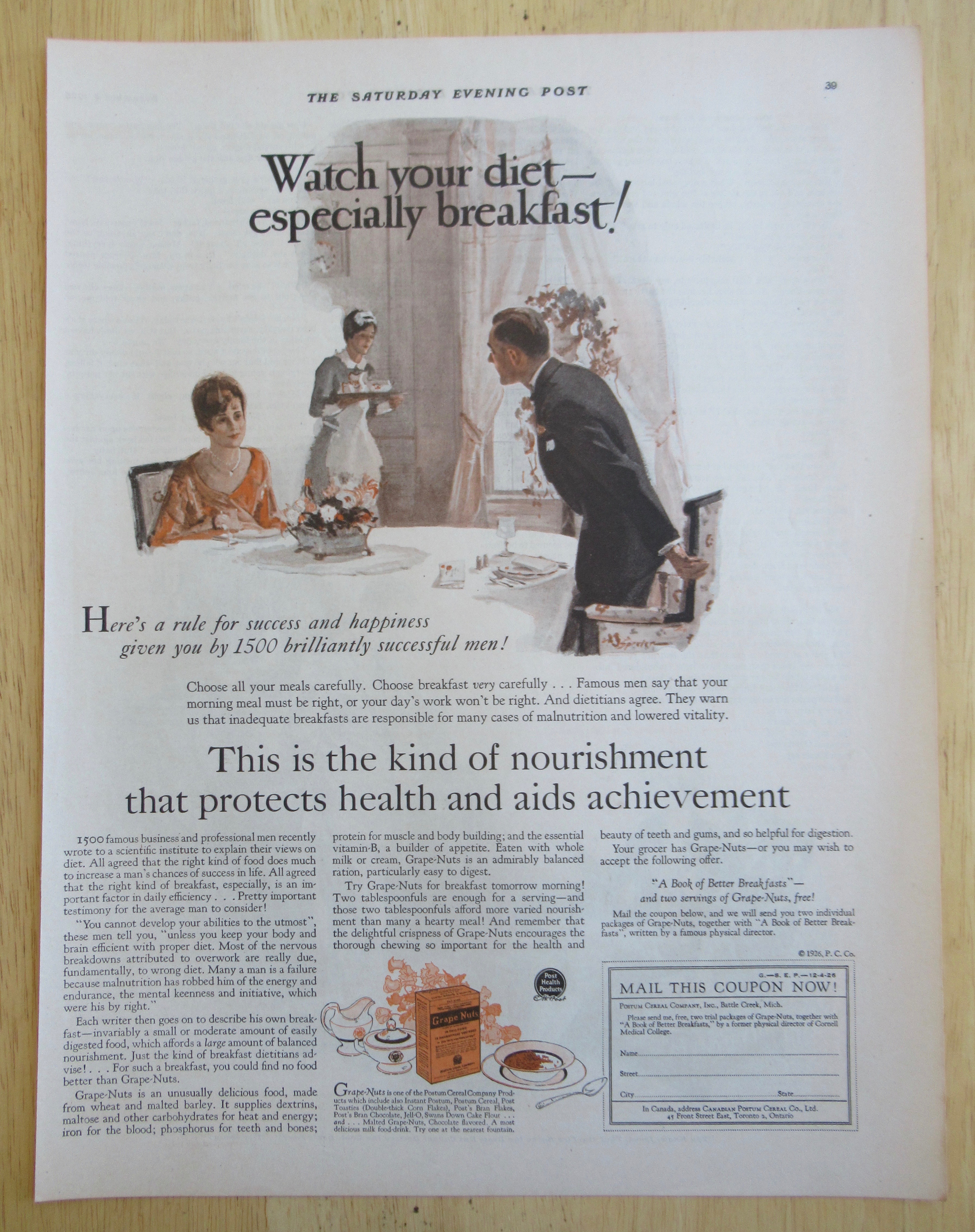 1926 Grape Nuts Cereal w/ Woman & Man Having Breakfast