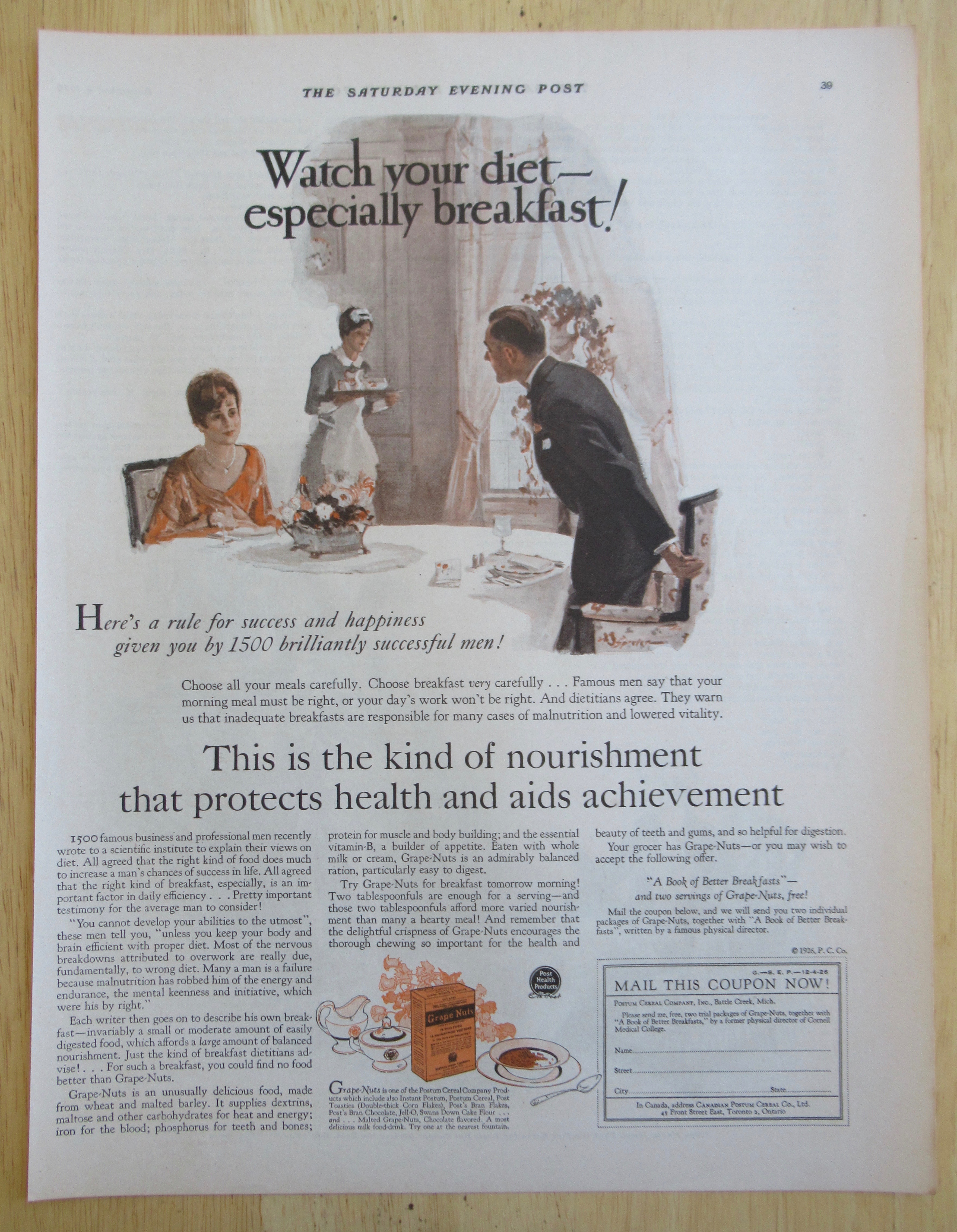 1926 Grape Nuts Cereal w/ Woman & Man Having Breakfast