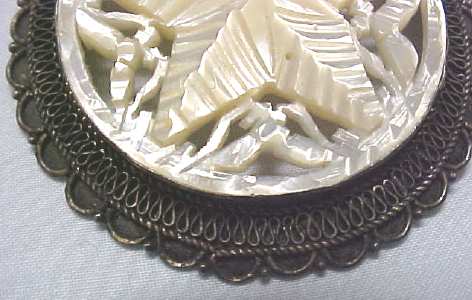 Mother of Pearl Sterling Carved Brooch Pendan