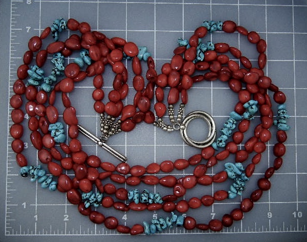 RED CORAL  Turquoise  5 strand Necklace